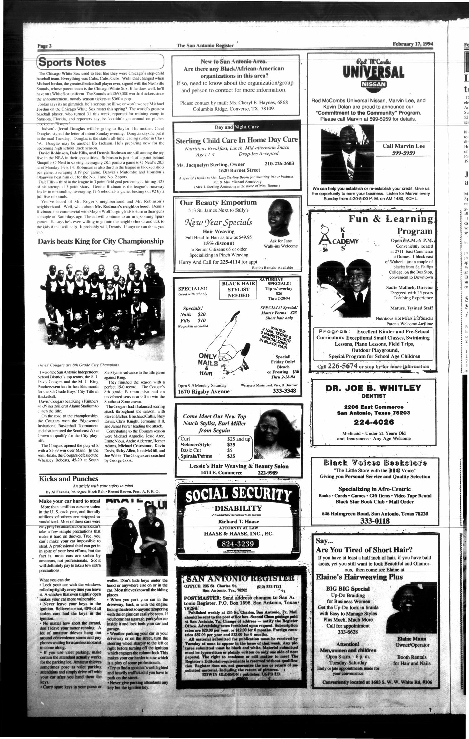 The San Antonio Register (San Antonio, Tex.), Vol. 62, No. 41, Ed. 1 Thursday, February 17, 1994
                                                
                                                    [Sequence #]: 2 of 16
                                                