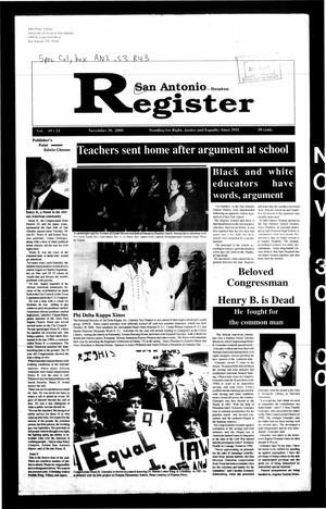 Primary view of object titled 'San Antonio Register (San Antonio, Tex.), Vol. 69, No. 24, Ed. 1 Thursday, November 30, 2000'.