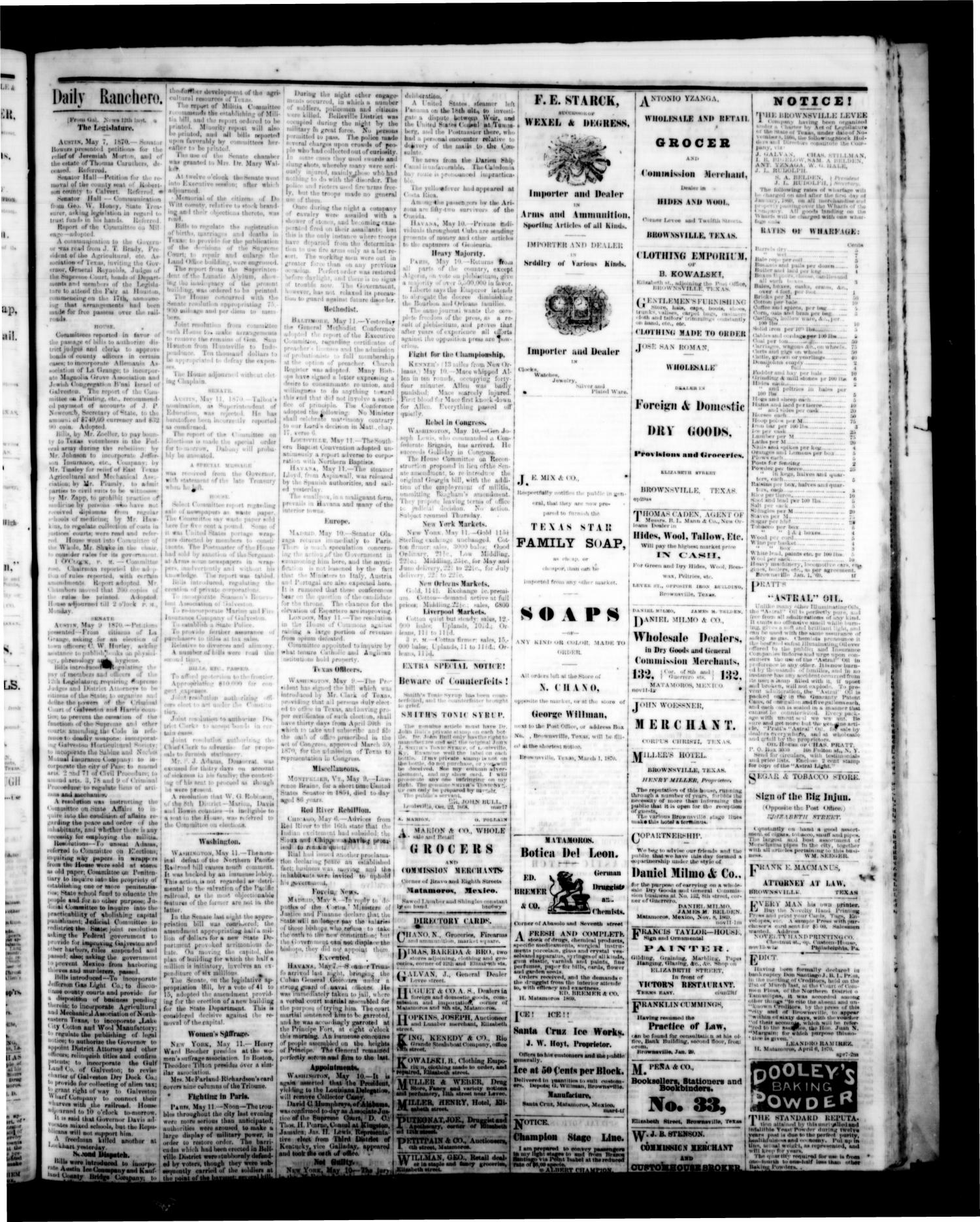The Daily Ranchero. (Brownsville, Tex.), Vol. 10, Ed. 1 Saturday, May 21, 1870
                                                
                                                    [Sequence #]: 3 of 4
                                                