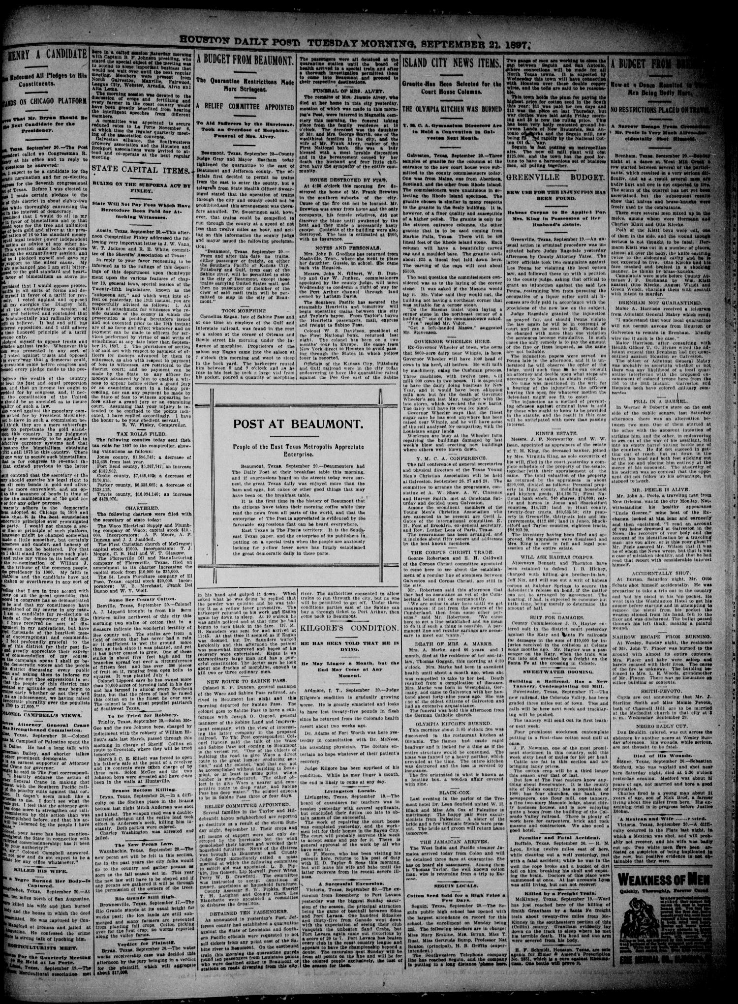 The Houston Daily Post (Houston, Tex.), Vol. THIRTEENTH YEAR, No. 170, Ed. 1, Tuesday, September 21, 1897
                                                
                                                    [Sequence #]: 5 of 10
                                                