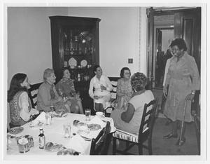 Primary view of object titled '[Barbara Jordan and Nancy Earl Greet Guests]'.