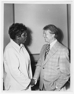 Primary view of object titled '[Barbara Jordan and President Jimmy Carter Shake Hands]'.