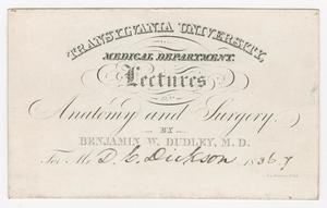 Primary view of object titled '[Lectures Admittance Ticket for David C. Dickson]'.