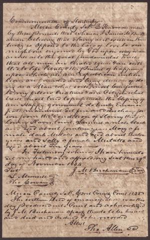 Primary view of object titled '[Emancipation Claim for Slaves of James Buchanan]'.