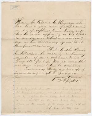 Primary view of object titled '[Letter from Orphan's Friend Lodge to David C. Dickson, June 23, 1877]'.