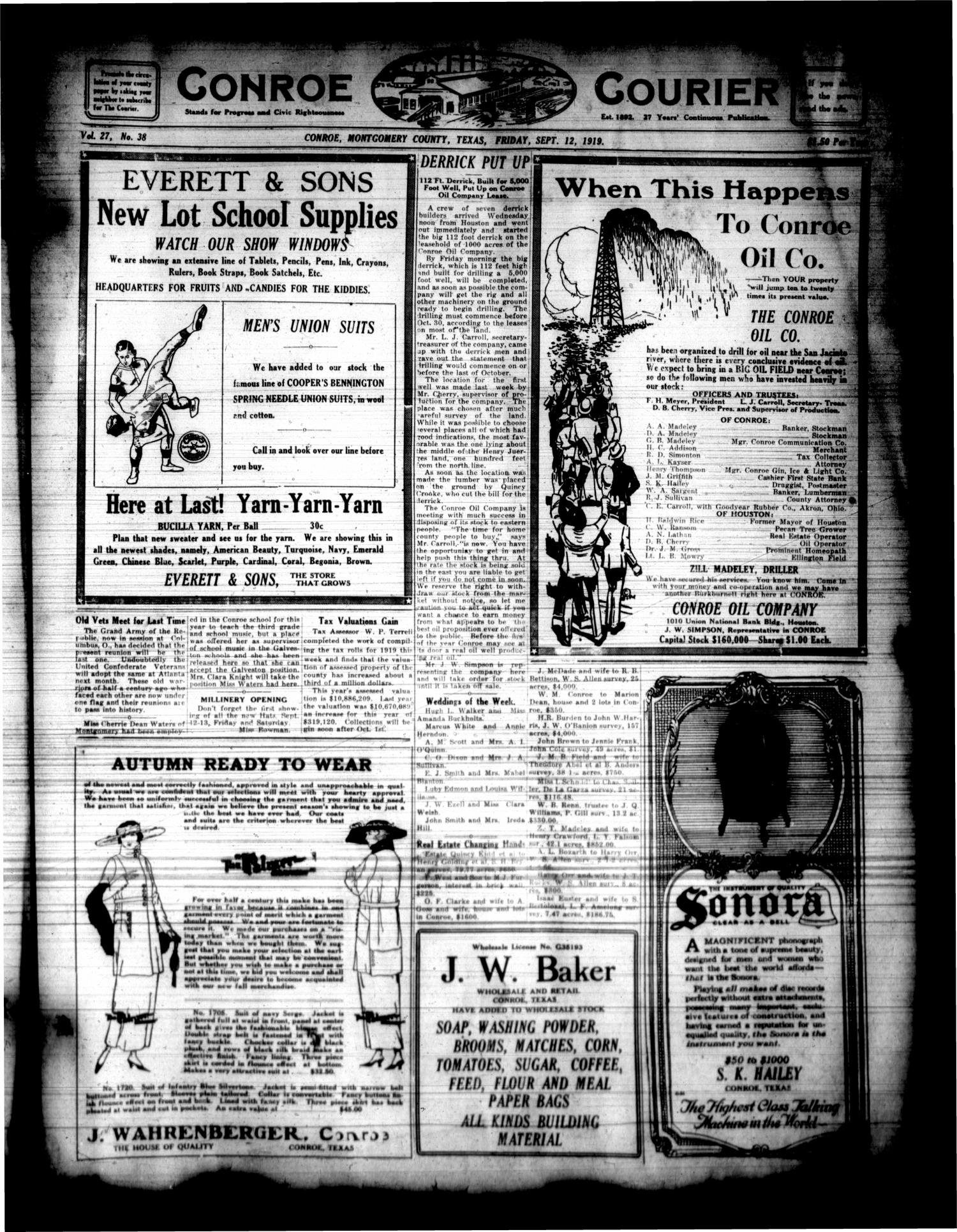 Conroe Courier (Conroe, Tex.), Vol. 27, No. 38, Ed. 1 Friday, September 12, 1919
                                                
                                                    [Sequence #]: 1 of 8
                                                