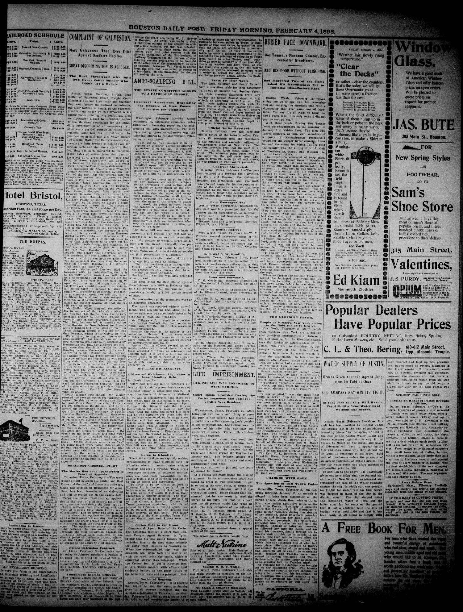 The Houston Daily Post (Houston, Tex.), Vol. THIRTEENTH YEAR, No. 306, Ed. 1, Friday, February 4, 1898
                                                
                                                    [Sequence #]: 3 of 8
                                                