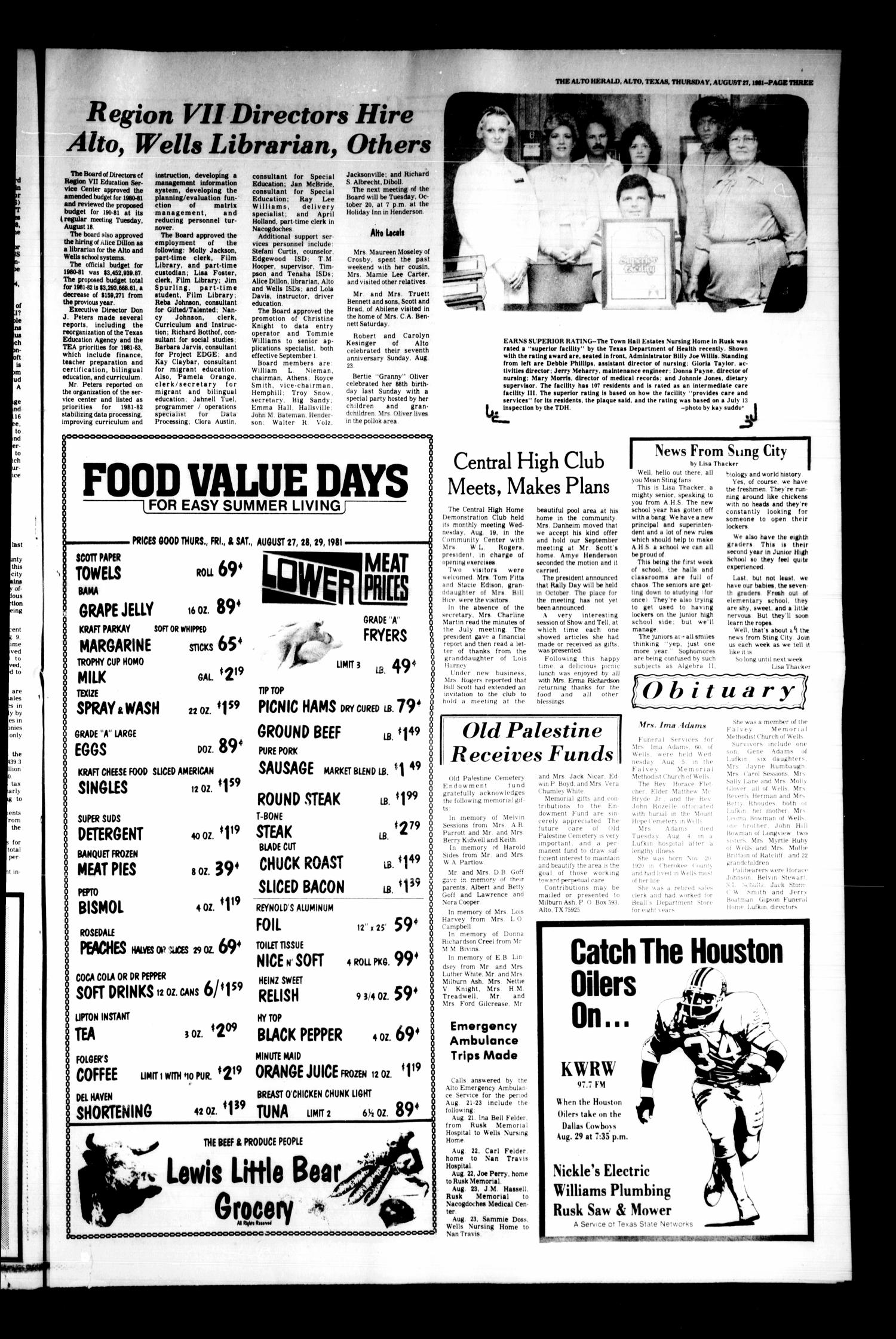 The Alto Herald and The Wells News 'N Views (Alto, Tex.), Vol. 85, No. 16, Ed. 1 Thursday, August 27, 1981
                                                
                                                    [Sequence #]: 3 of 12
                                                