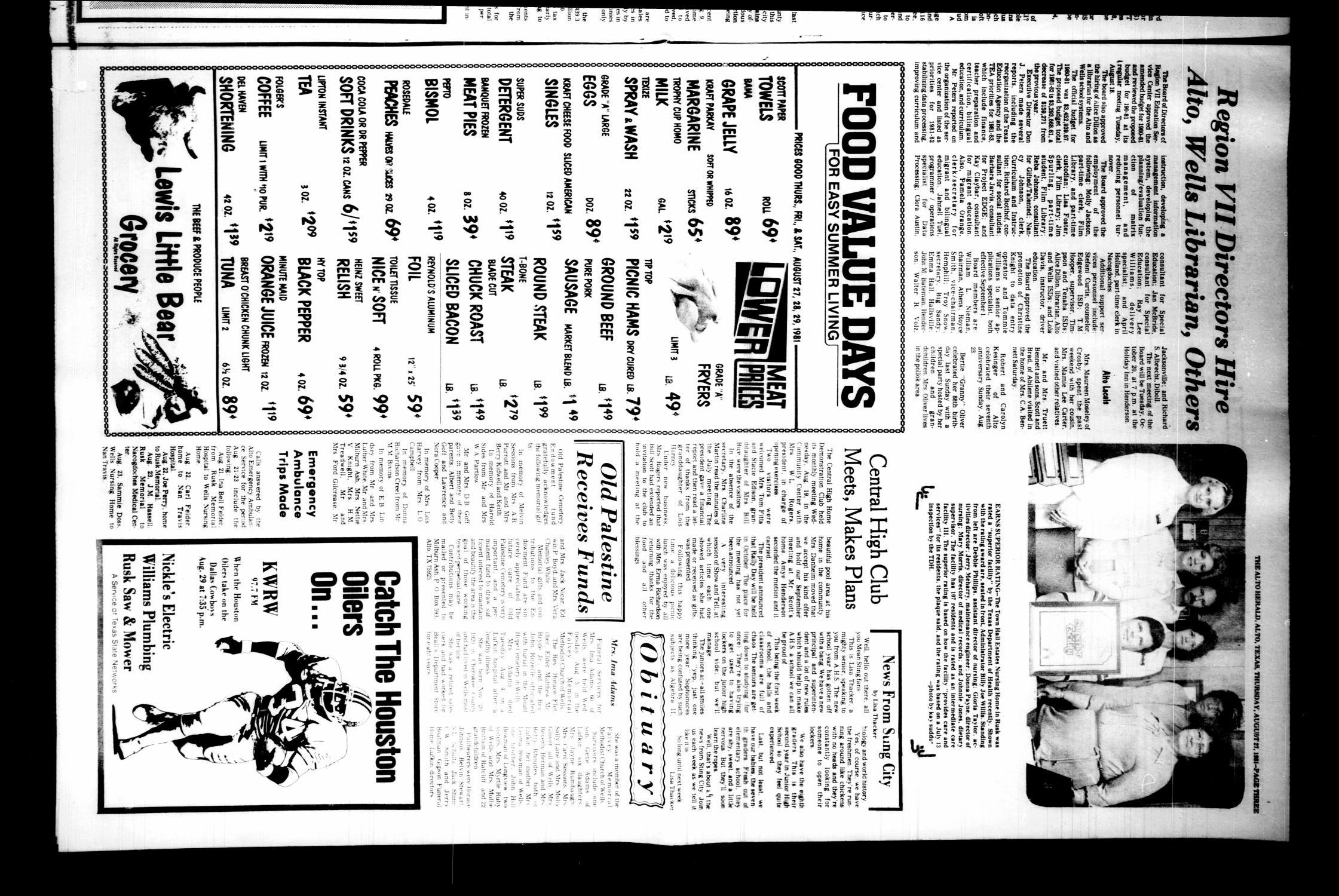 The Alto Herald and The Wells News 'N Views (Alto, Tex.), Vol. 85, No. 16, Ed. 1 Thursday, August 27, 1981
                                                
                                                    [Sequence #]: 3 of 12
                                                