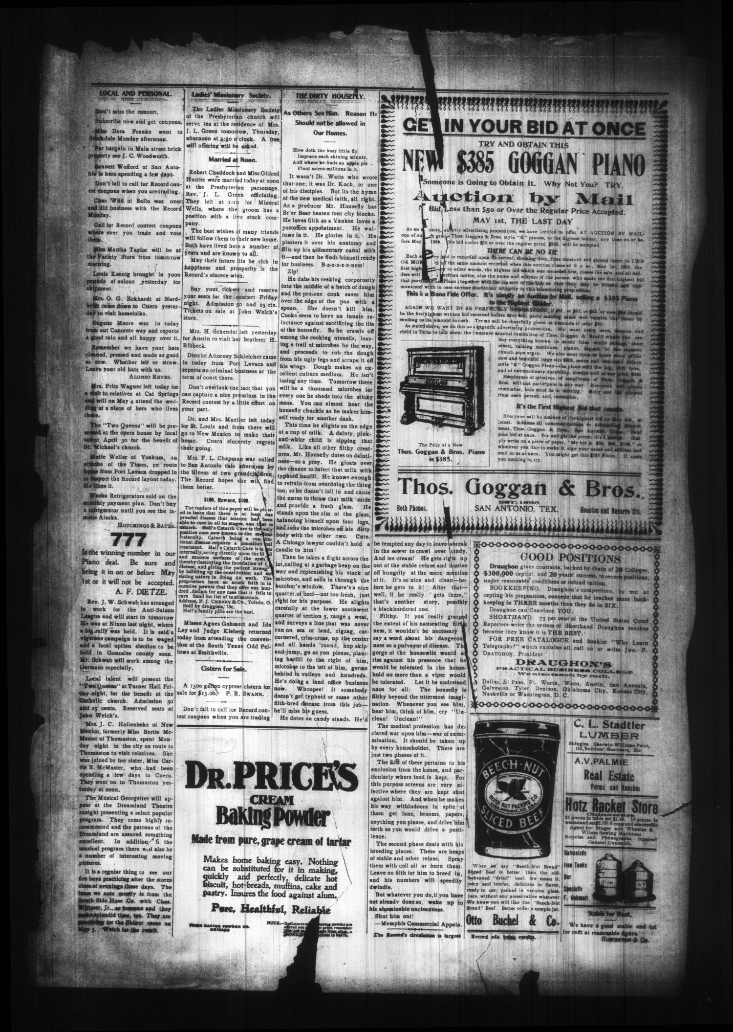 The Cuero Daily Record (Cuero, Tex.), Vol. 29, No. 100, Ed. 1 Wednesday, April 28, 1909
                                                
                                                    [Sequence #]: 4 of 4
                                                