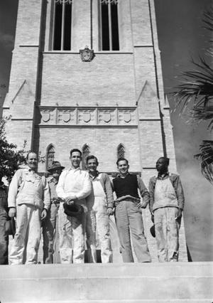 [Six Men Posing in Front of Shelton Chapel]