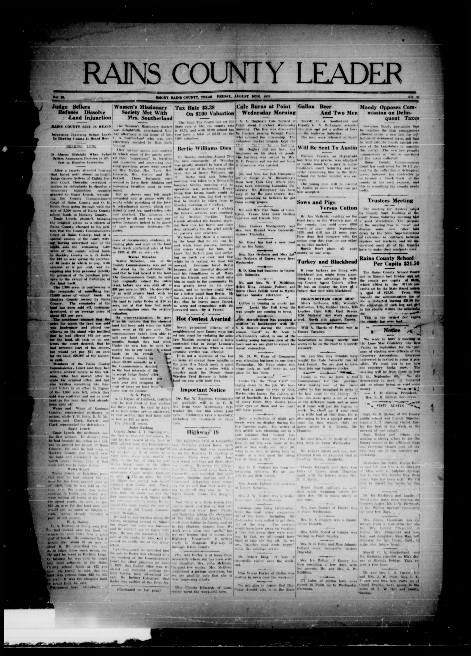 Rains County Leader (Emory, Tex.), Vol. 35, No. 36, Ed. 1 Friday, August 30, 1929
                                                
                                                    [Sequence #]: 1 of 8
                                                