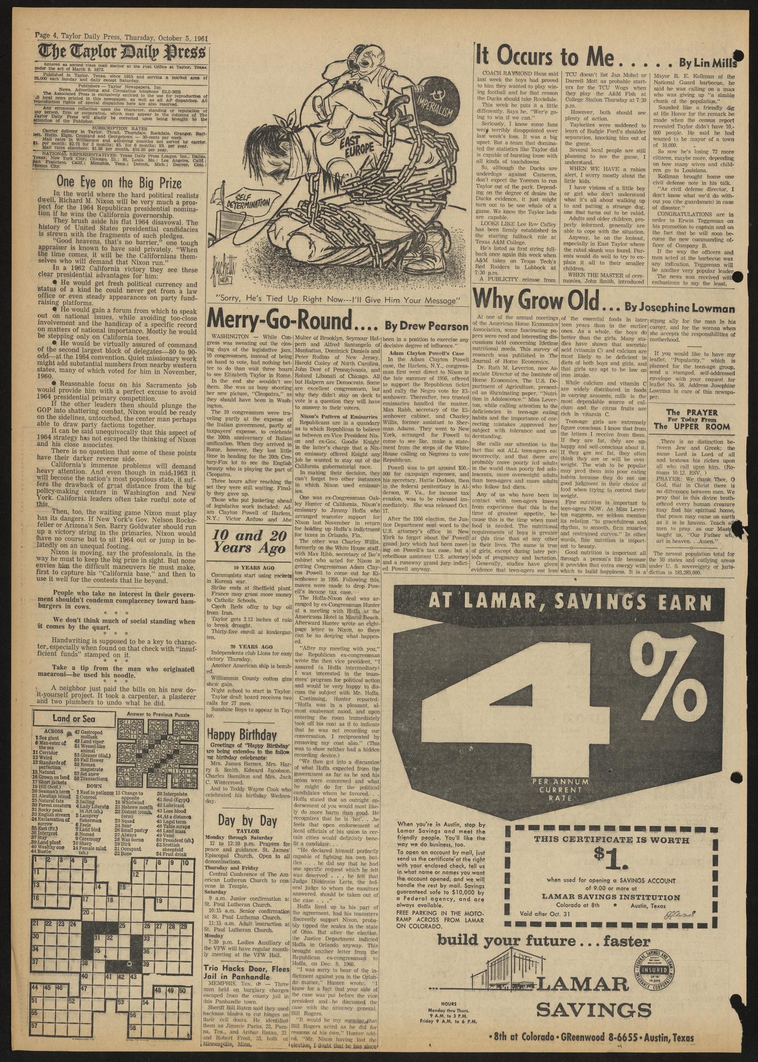 The Taylor Daily Press (Taylor, Tex.), Vol. 48, No. 249, Ed. 1 Thursday, October 5, 1961
                                                
                                                    [Sequence #]: 4 of 10
                                                