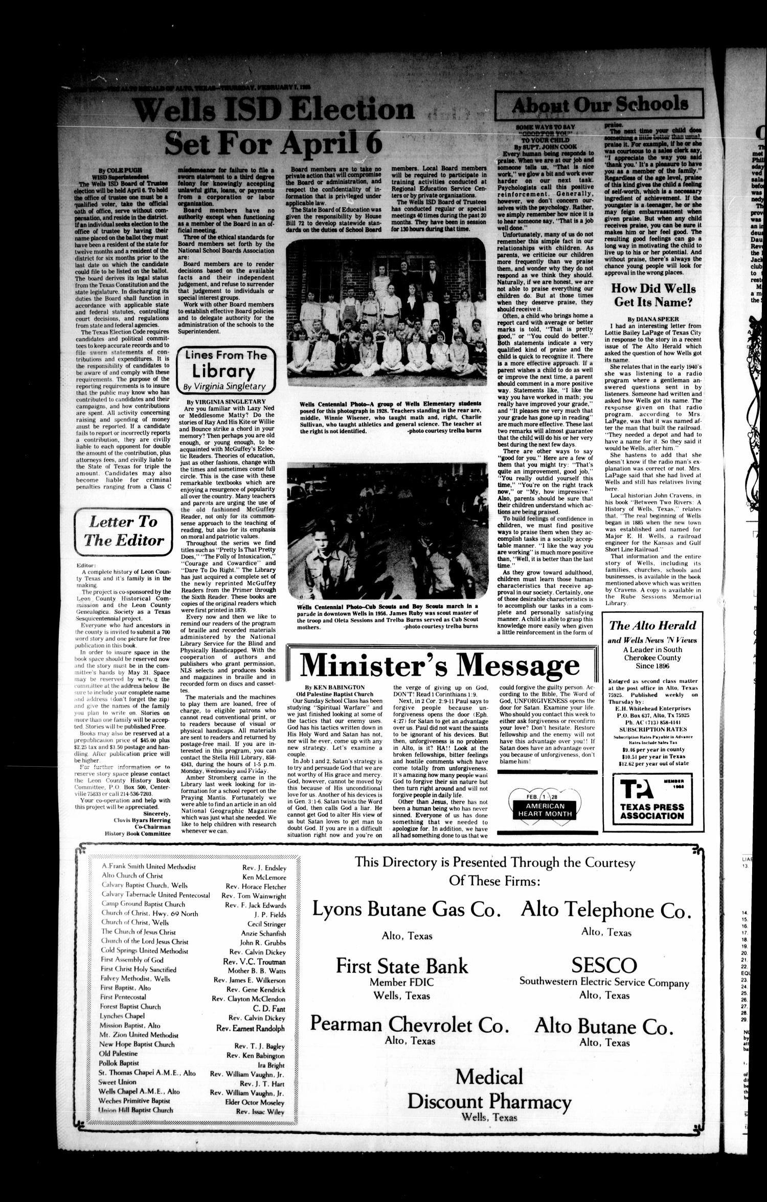 The Alto Herald and The Wells News 'N Views (Alto, Tex.), Vol. 89, No. 40, Ed. 1 Thursday, February 7, 1985
                                                
                                                    [Sequence #]: 2 of 8
                                                