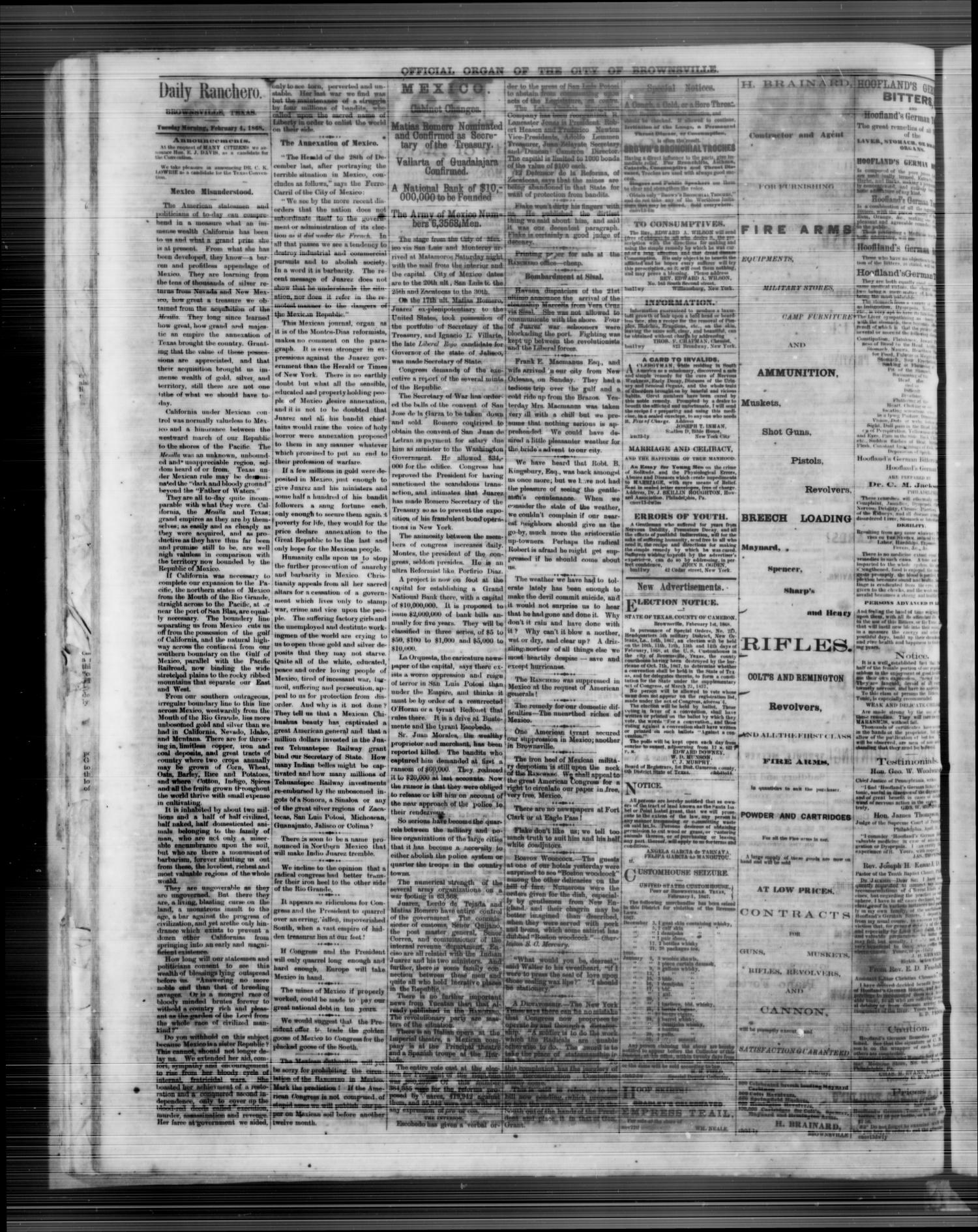 The Daily Ranchero. (Brownsville, Tex.), Vol. 3, No. 65, Ed. 1 Tuesday, February 4, 1868
                                                
                                                    [Sequence #]: 2 of 4
                                                