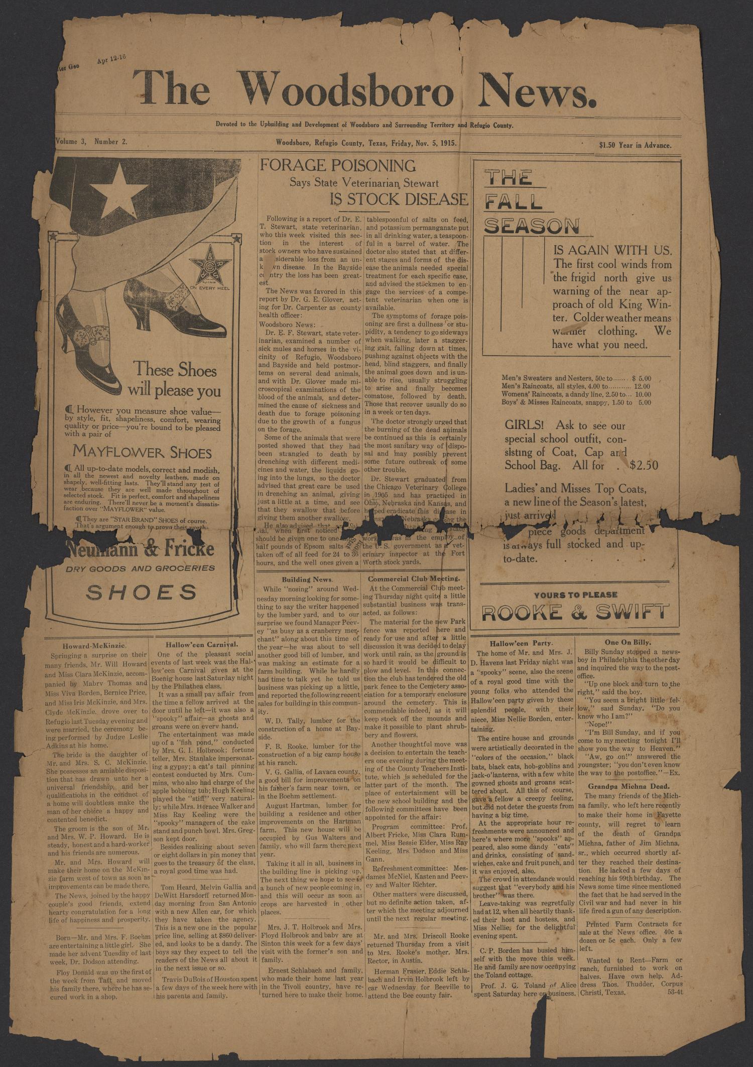 The Woodsboro News. (Woodsboro, Tex.), Vol. 3, No. 2, Ed. 1 Friday, November 5, 1915
                                                
                                                    [Sequence #]: 1 of 4
                                                