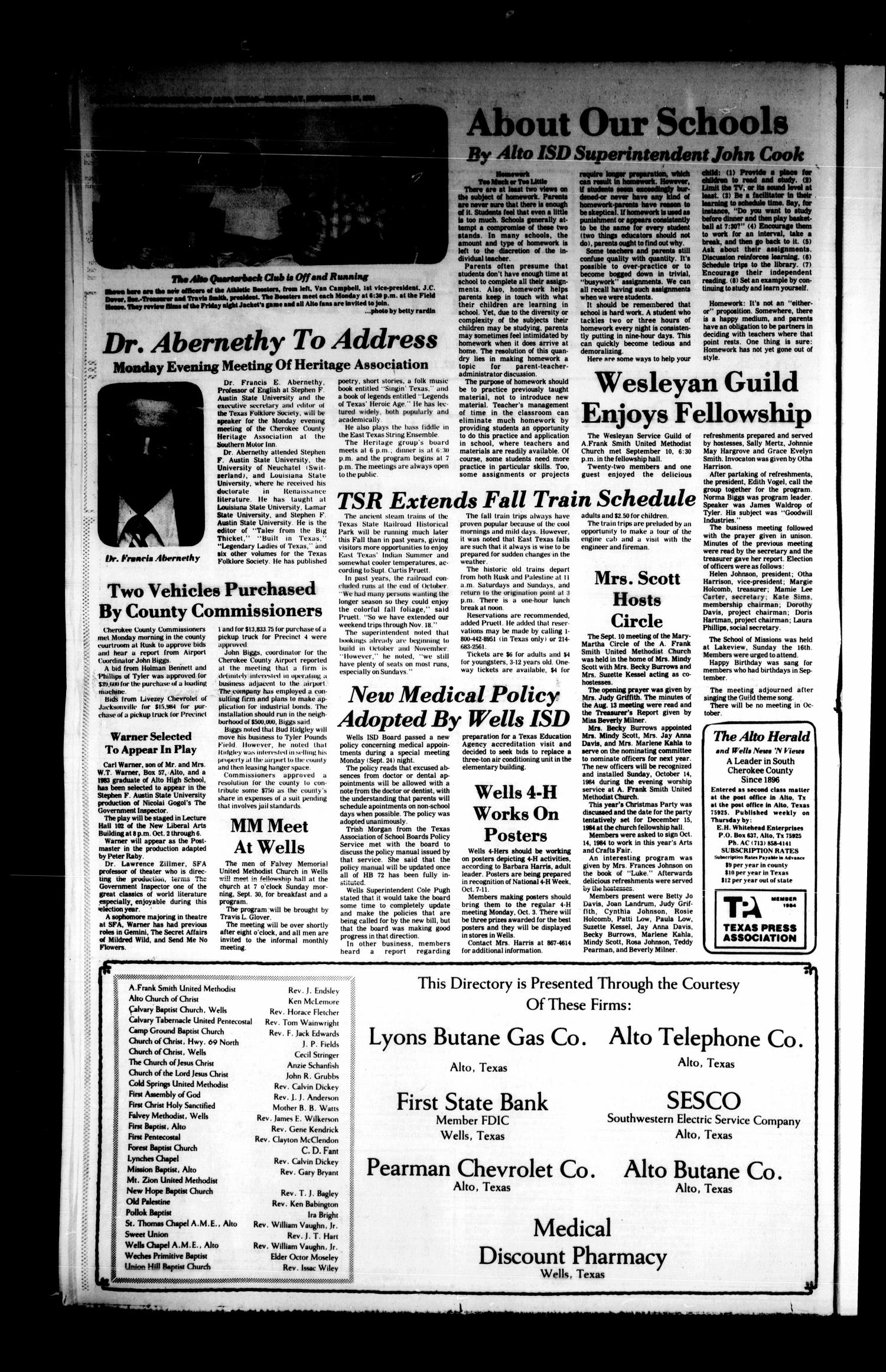 The Alto Herald and The Wells News 'N Views (Alto, Tex.), Vol. 89, No. 21, Ed. 1 Thursday, September 27, 1984
                                                
                                                    [Sequence #]: 2 of 10
                                                