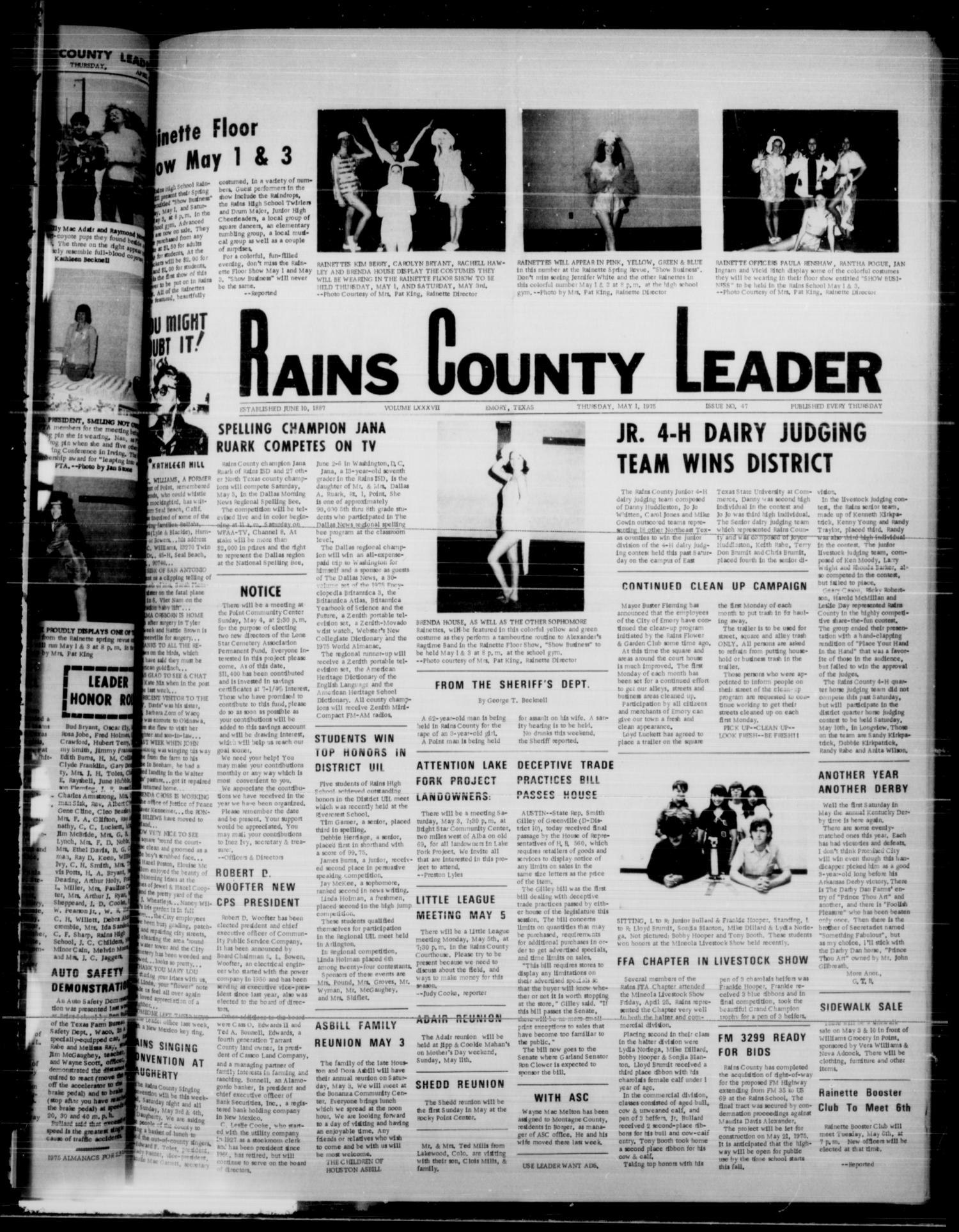 Rains County Leader (Emory, Tex.), Vol. 87, No. 47, Ed. 1 Thursday, May 1, 1975
                                                
                                                    [Sequence #]: 1 of 8
                                                