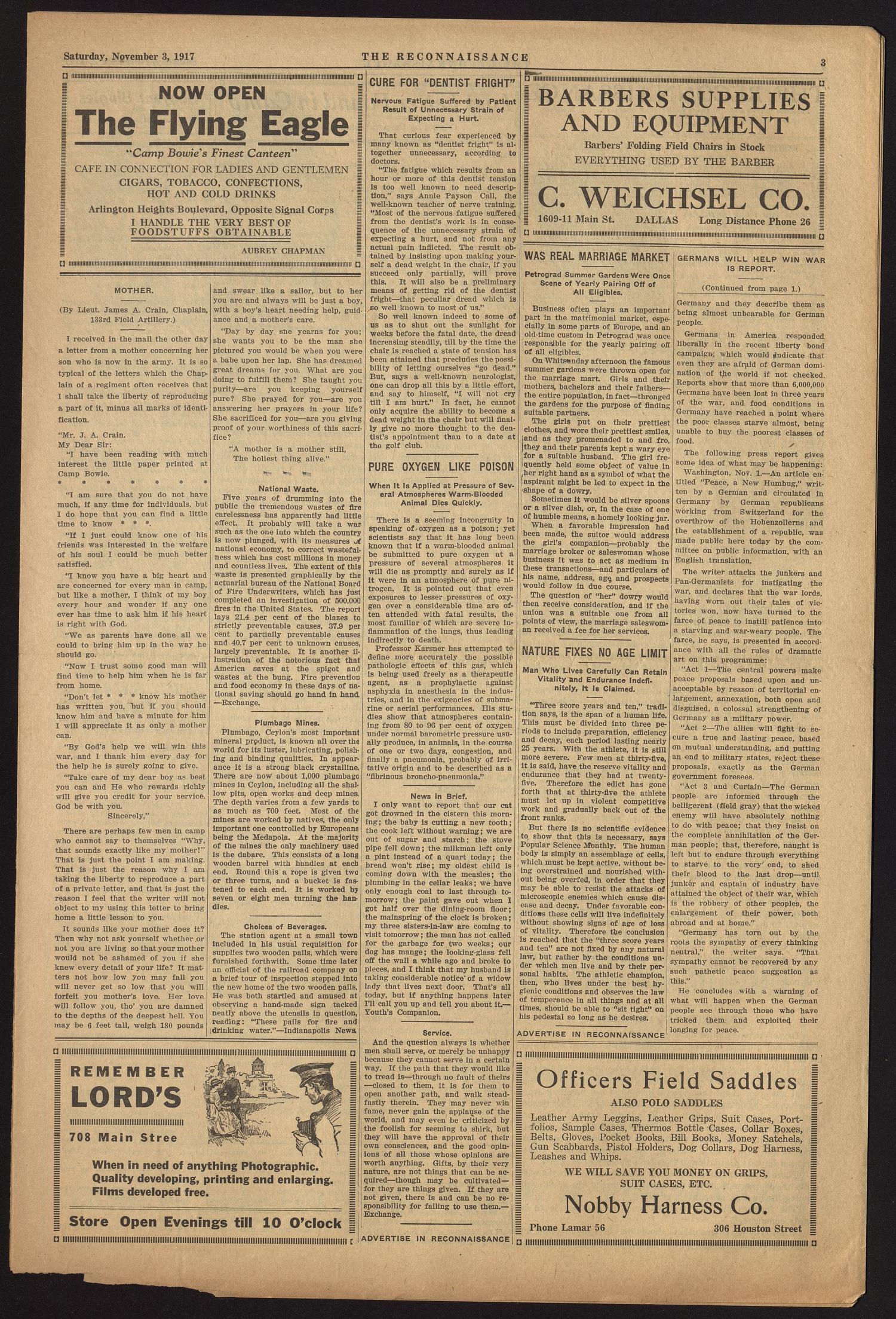The Reconnaissance (Camp Bowie, Tex.), Vol. 1, No. 11, Ed. 1 Saturday, November 3, 1917
                                                
                                                    [Sequence #]: 3 of 8
                                                