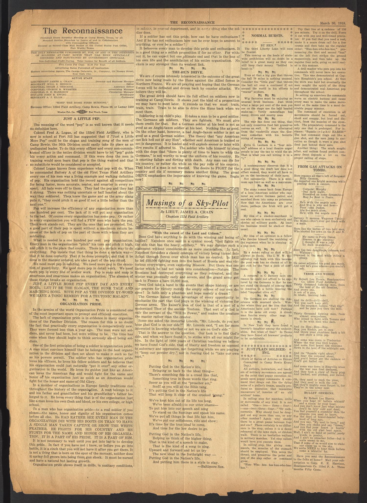 The Reconnaissance (Camp Bowie, Tex.), Vol. 1, No. 31, Ed. 1 Saturday, March 30, 1918
                                                
                                                    [Sequence #]: 4 of 8
                                                