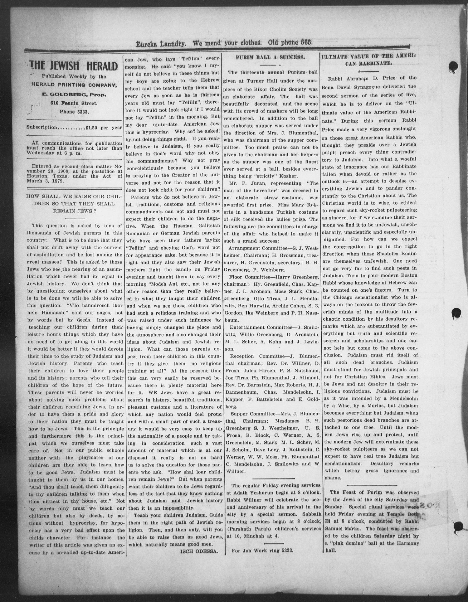 The Jewish Herald (Houston, Tex.), Vol. 1, No. 24, Ed. 1, Friday, March 12, 1909
                                                
                                                    [Sequence #]: 4 of 8
                                                