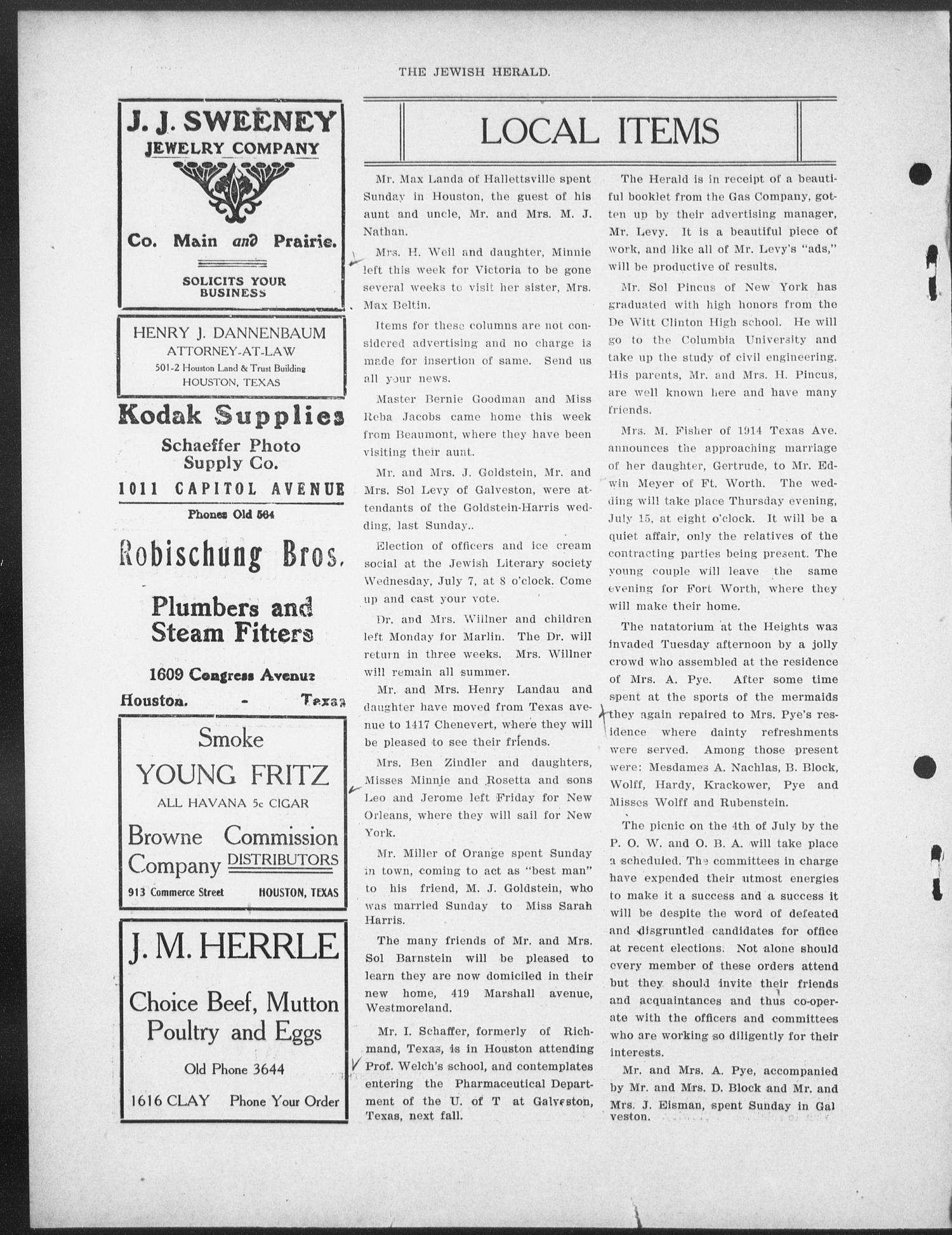 The Jewish Herald (Houston, Tex.), Vol. 1, No. 40, Ed. 1, Thursday, July 1, 1909
                                                
                                                    [Sequence #]: 8 of 10
                                                