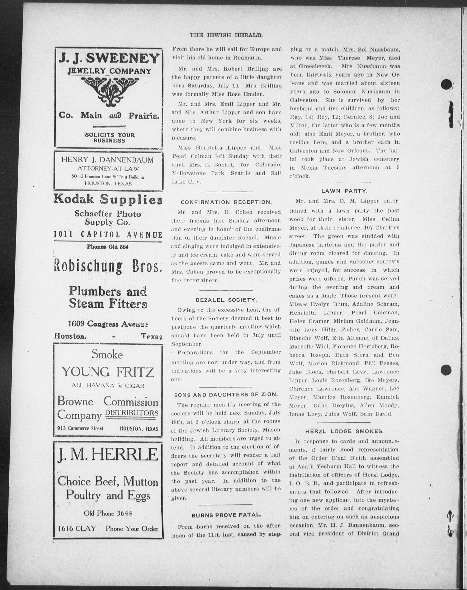 The Jewish Herald (Houston, Tex.), Vol. 1, No. 42, Ed. 1, Thursday, July 15, 1909
                                                
                                                    [Sequence #]: 8 of 10
                                                