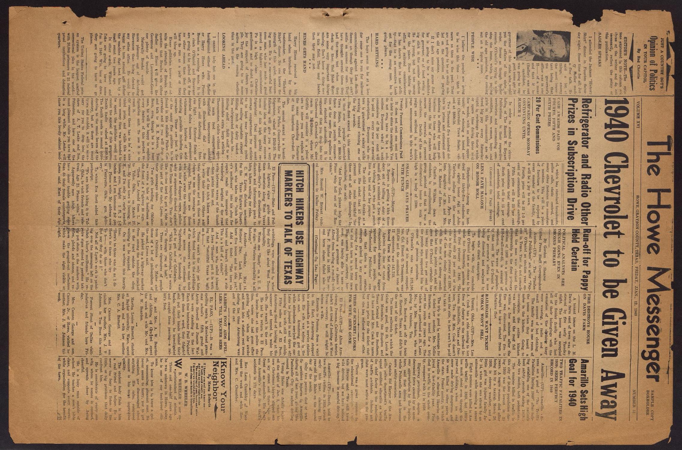 The Howe Messenger (Howe, Tex.), Vol. 16, No. 51, Ed. 1 Friday, January 12, 1940
                                                
                                                    [Sequence #]: 1 of 8
                                                