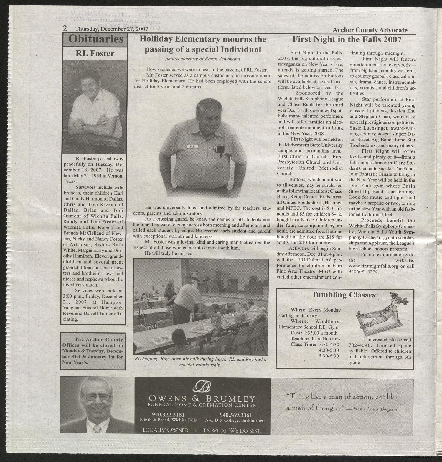 Archer County Advocate (Holliday, Tex.), Vol. 5, No. 38, Ed. 1 Thursday, December 27, 2007
                                                
                                                    [Sequence #]: 2 of 16
                                                