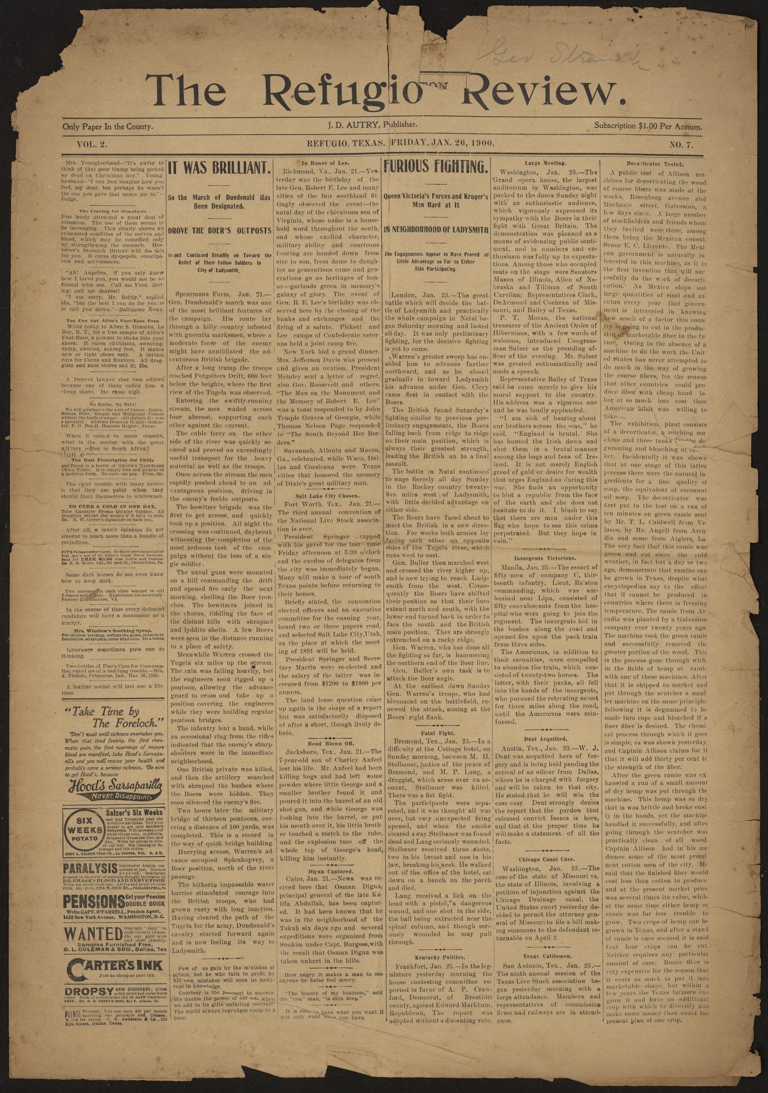 The Refugio Review. (Refugio, Tex.), Vol. 2, No. 7, Ed. 1 Friday, January 26, 1900
                                                
                                                    [Sequence #]: 1 of 4
                                                