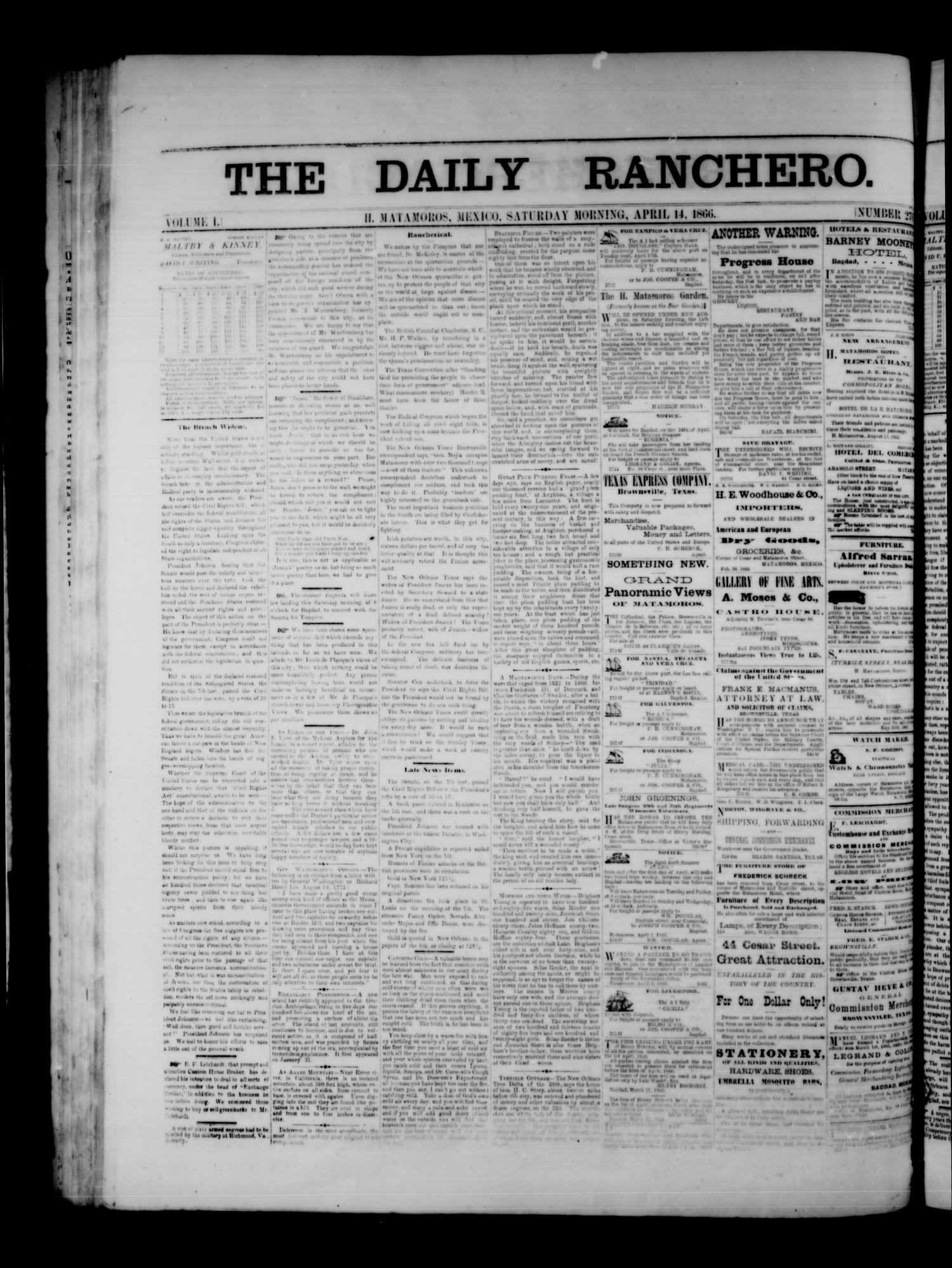 The Daily Ranchero. (Matamoros, Mexico), Vol. 1, No. 276, Ed. 1 Saturday, April 14, 1866
                                                
                                                    [Sequence #]: 2 of 2
                                                