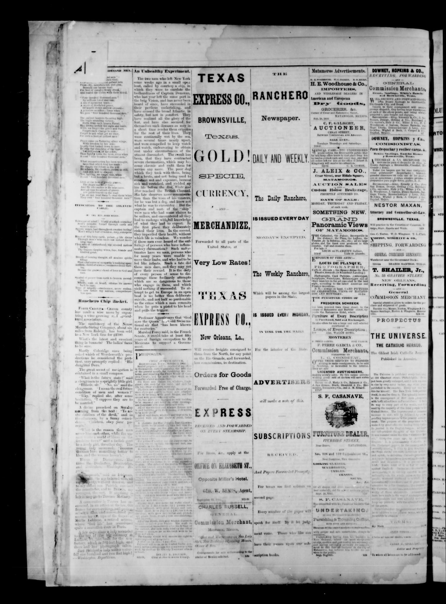 Daily Ranchero. (Brownsville, Tex.), Vol. 2, No. 37, Ed. 1 Tuesday, October 9, 1866
                                                
                                                    [Sequence #]: 4 of 4
                                                