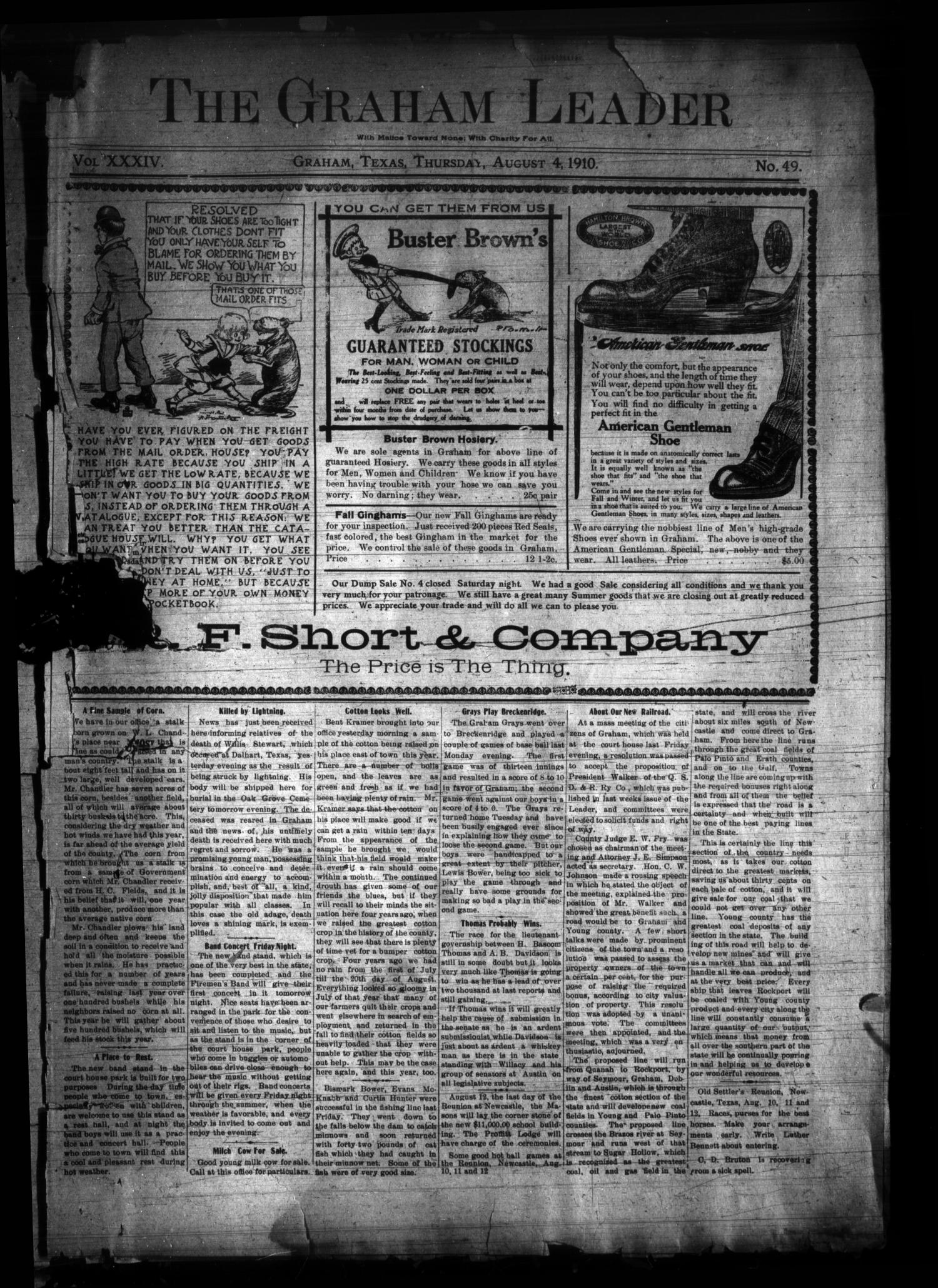 The Graham Leader (Graham, Tex.), Vol. 34, No. 49, Ed. 1 Thursday, August 4, 1910
                                                
                                                    [Sequence #]: 1 of 8
                                                