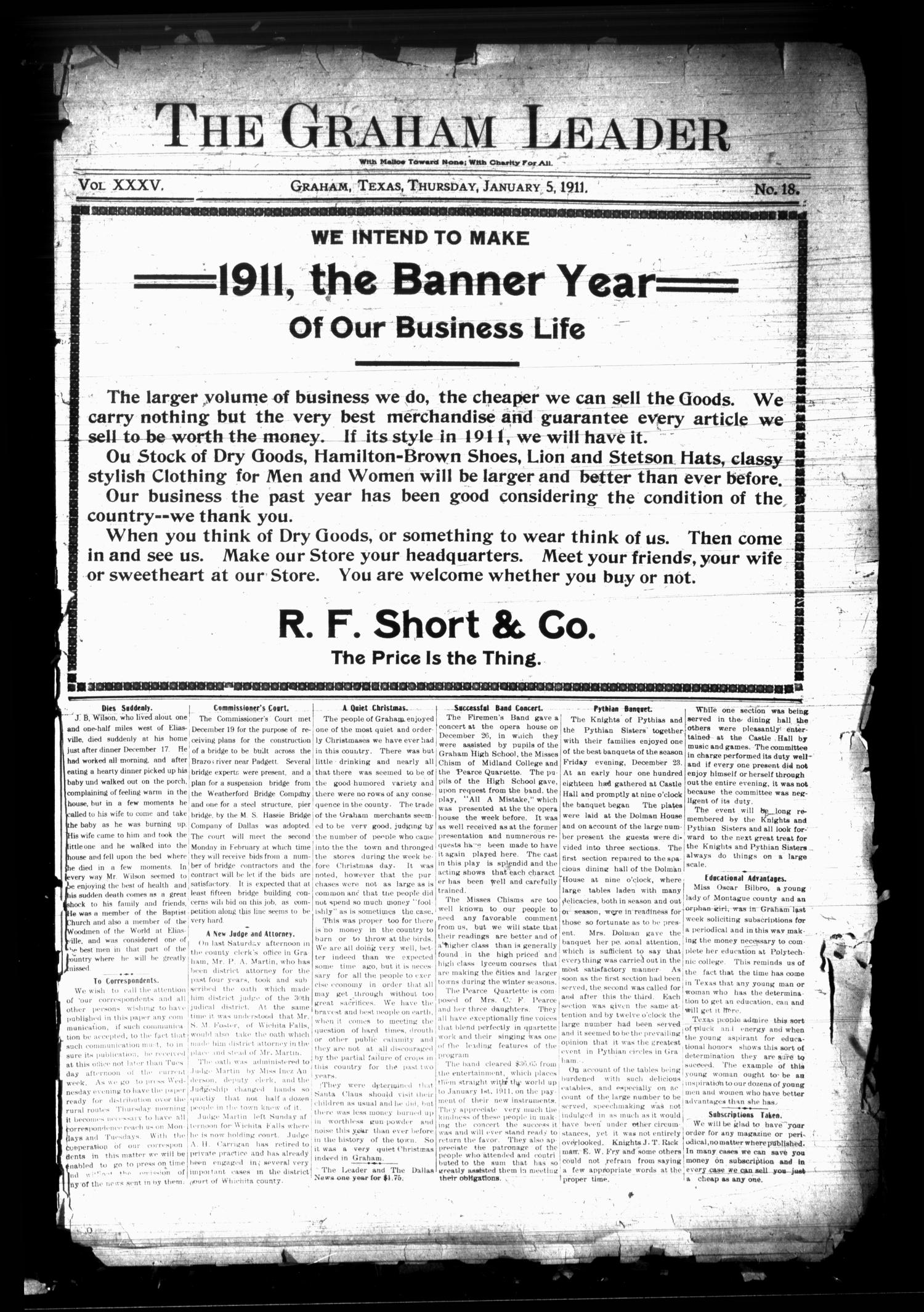 The Graham Leader (Graham, Tex.), Vol. 35, No. 18, Ed. 1 Thursday, January 5, 1911
                                                
                                                    [Sequence #]: 1 of 8
                                                