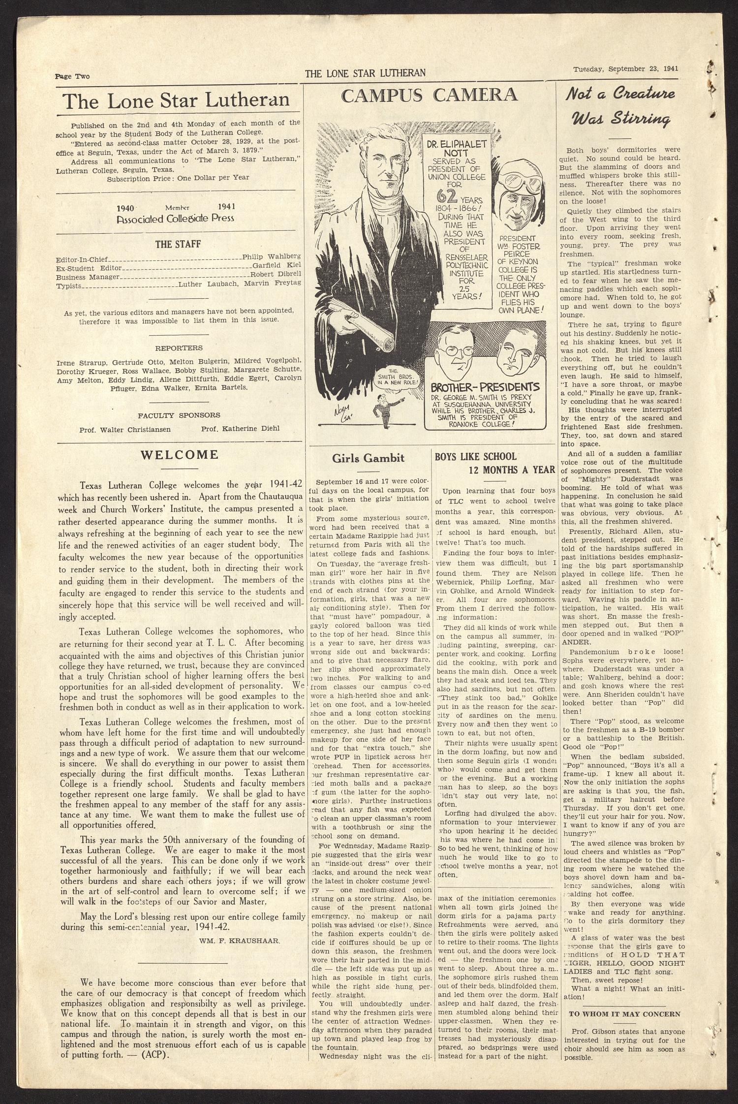 The Lone Star Lutheran (Seguin, Tex.), Vol. 24, No. 1, Ed. 1 Tuesday, September 23, 1941
                                                
                                                    [Sequence #]: 2 of 4
                                                
