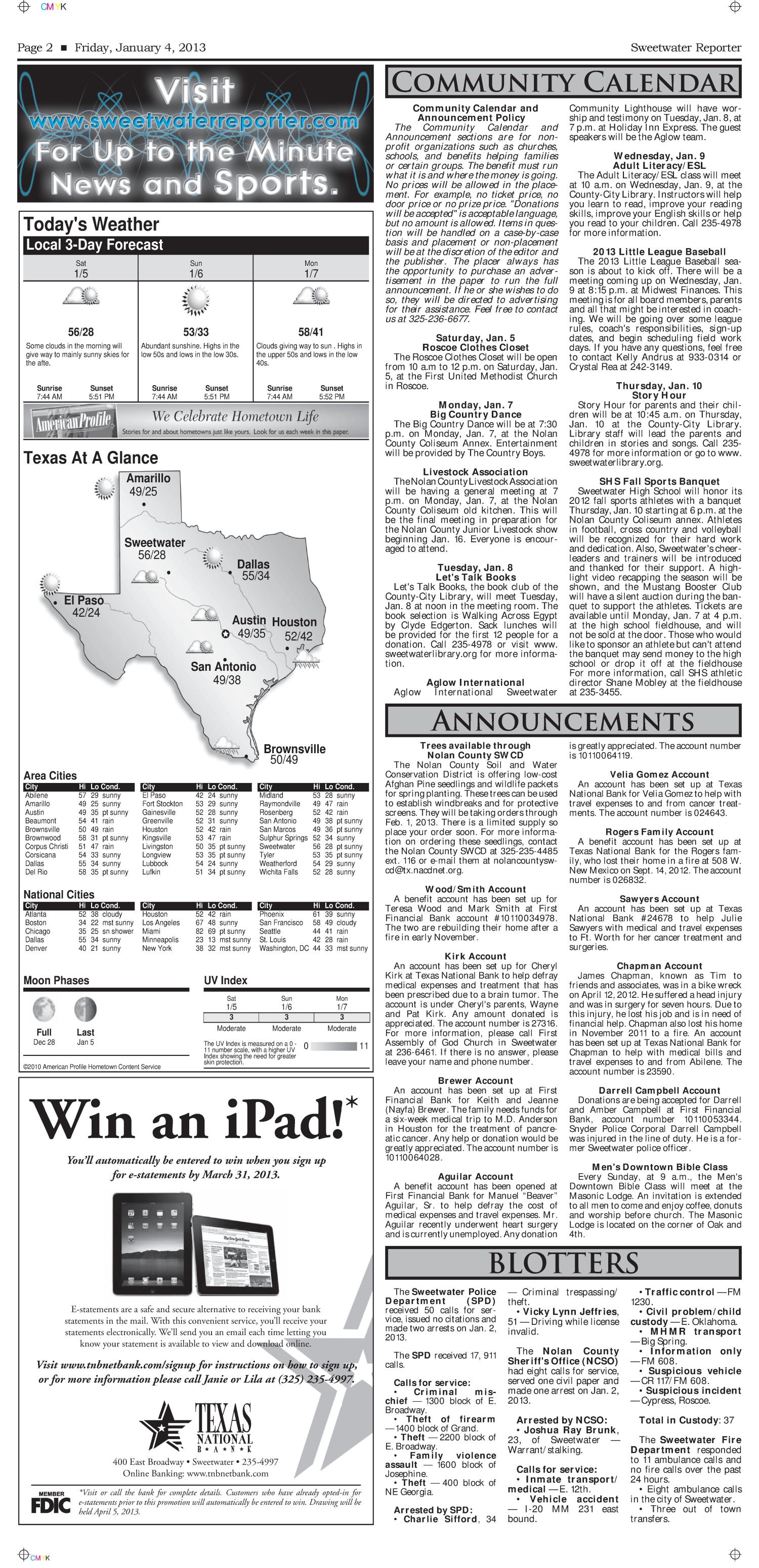 Sweetwater Reporter (Sweetwater, Tex.), Vol. 114, No. 302, Ed. 1 Friday, January 4, 2013
                                                
                                                    [Sequence #]: 2 of 12
                                                