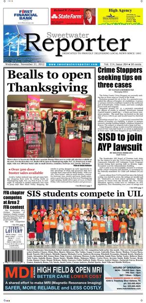 Sweetwater Reporter (Sweetwater, Tex.), Vol. 114, No. 264, Ed. 1 Wednesday, November 21, 2012