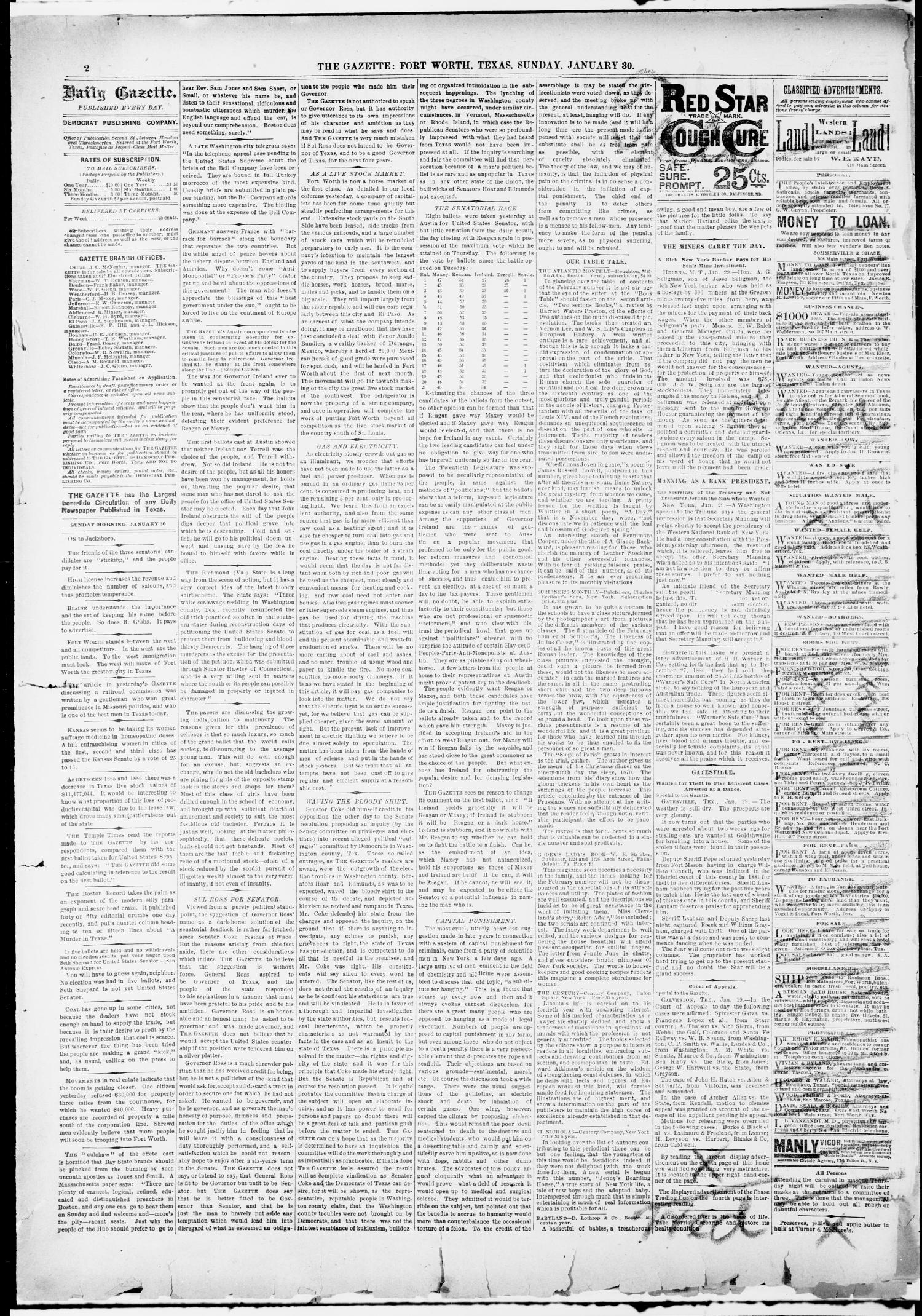 Fort Worth Daily Gazette. (Fort Worth, Tex.), Vol. 12, No. 184, Ed. 1, Sunday, January 30, 1887
                                                
                                                    [Sequence #]: 2 of 8
                                                