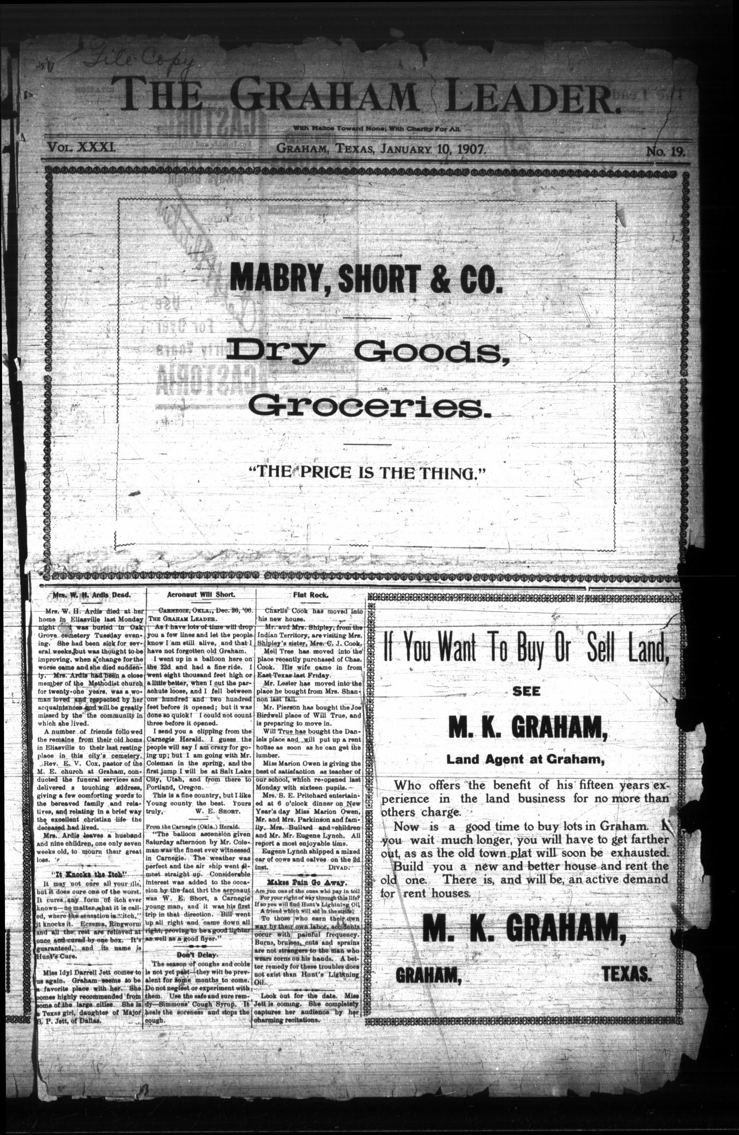 The Graham Leader. (Graham, Tex.), Vol. 31, No. 19, Ed. 1 Thursday, January 10, 1907
                                                
                                                    [Sequence #]: 1 of 8
                                                