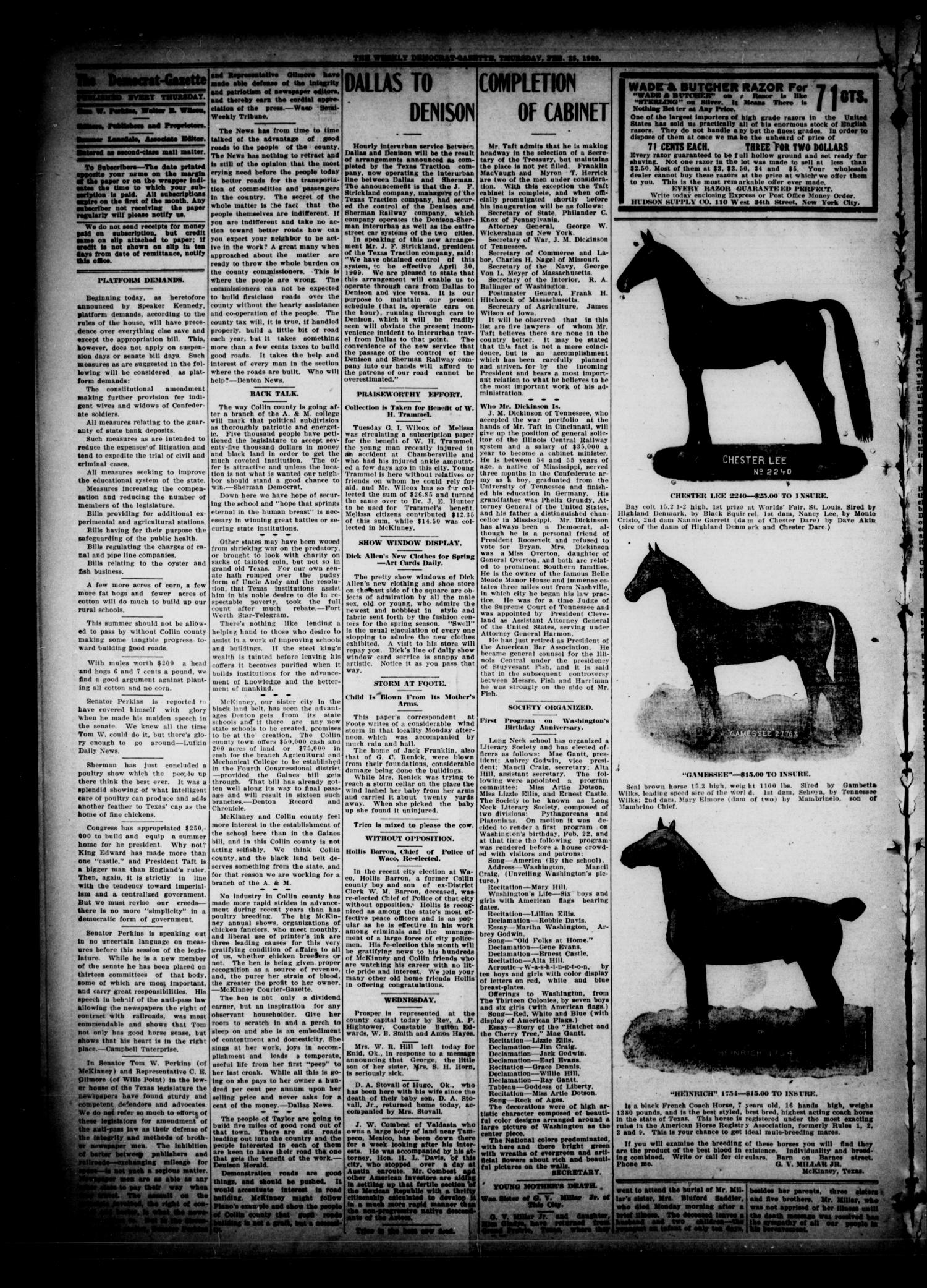 The Weekly Democrat-Gazette (McKinney, Tex.), Vol. 26, No. 4, Ed. 1 Thursday, February 25, 1909
                                                
                                                    [Sequence #]: 4 of 12
                                                