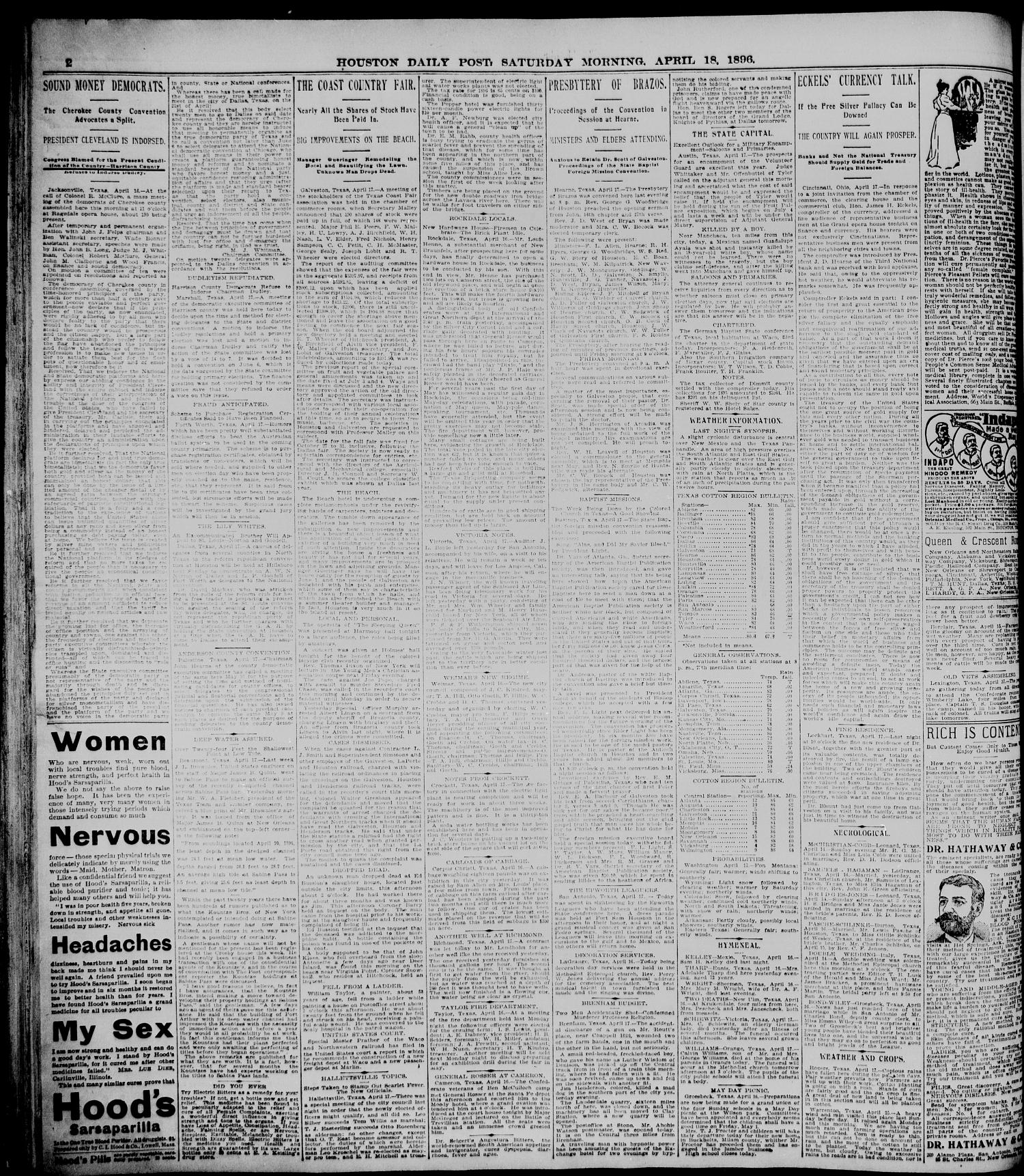 The Houston Daily Post (Houston, Tex.), Vol. TWELFTH YEAR, No. 14, Ed. 1, Saturday, April 18, 1896
                                                
                                                    [Sequence #]: 2 of 8
                                                