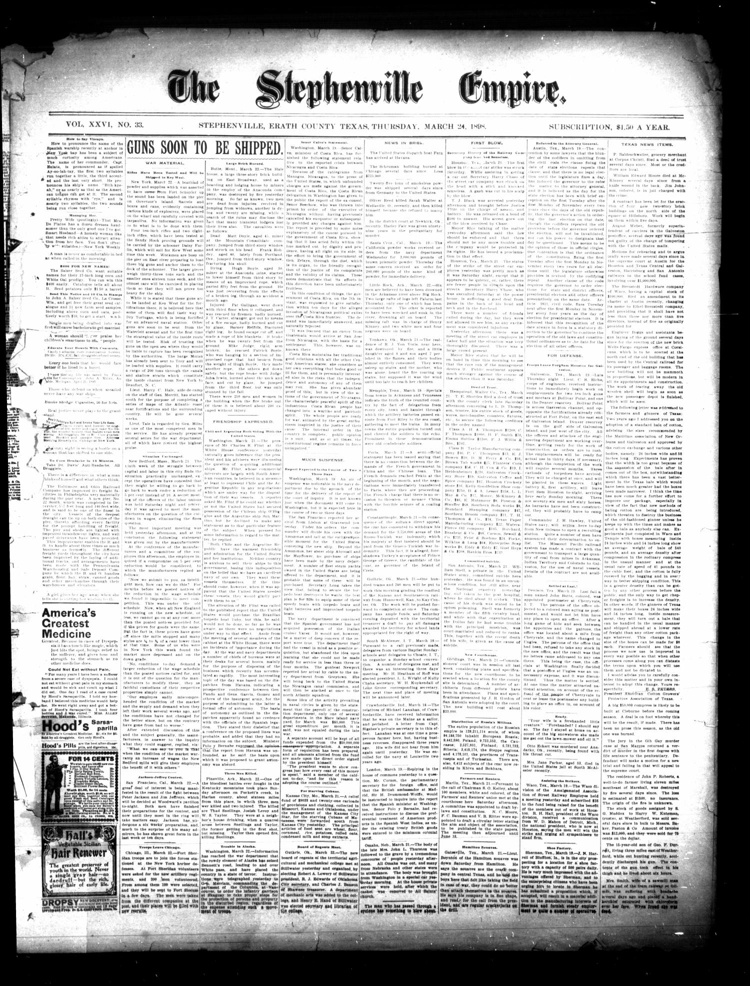 The Stephenville Empire. (Stephenville, Tex.), Vol. 26, No. 33, Ed. 1 Thursday, March 24, 1898
                                                
                                                    [Sequence #]: 1 of 4
                                                