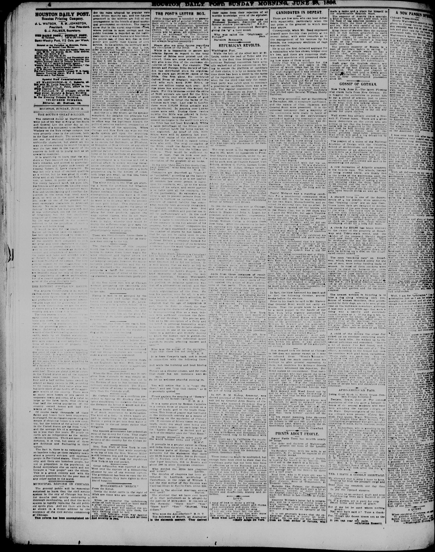 The Houston Daily Post (Houston, Tex.), Vol. TWELFTH YEAR, No. 85, Ed. 1, Sunday, June 28, 1896
                                                
                                                    [Sequence #]: 4 of 20
                                                