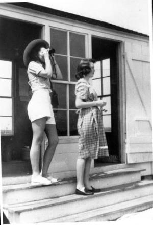 [Virginia Davis Scarborough and Mary Jones Prowell with binoculars at Observation Post]