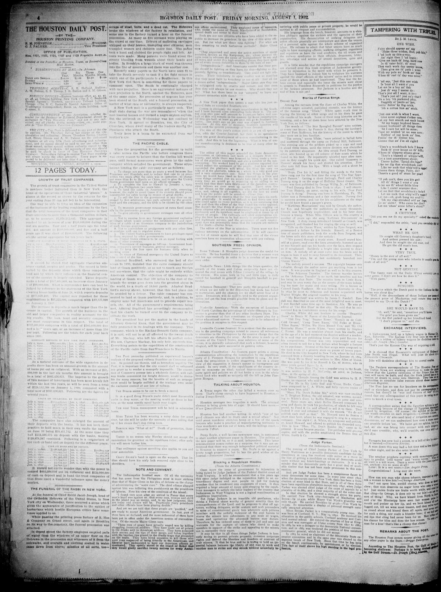 The Houston Daily Post (Houston, Tex.), Vol. XVIIITH YEAR, No. 119, Ed. 1, Friday, August 1, 1902
                                                
                                                    [Sequence #]: 4 of 12
                                                