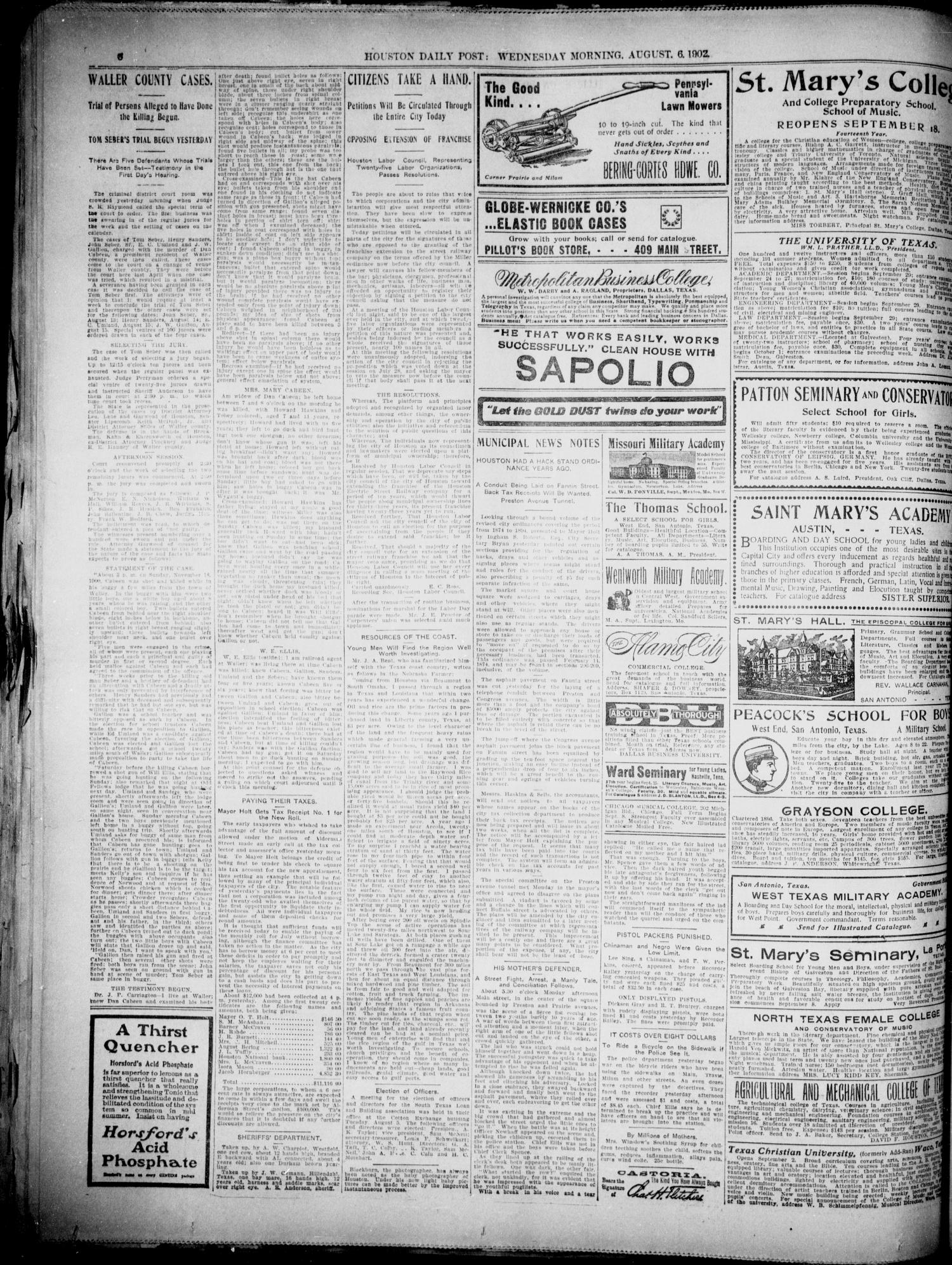 The Houston Daily Post (Houston, Tex.), Vol. XVIIITH YEAR, No. 124, Ed. 1,  Wednesday, August 6, 1902 - Page 6 of 12 - The Portal to Texas History