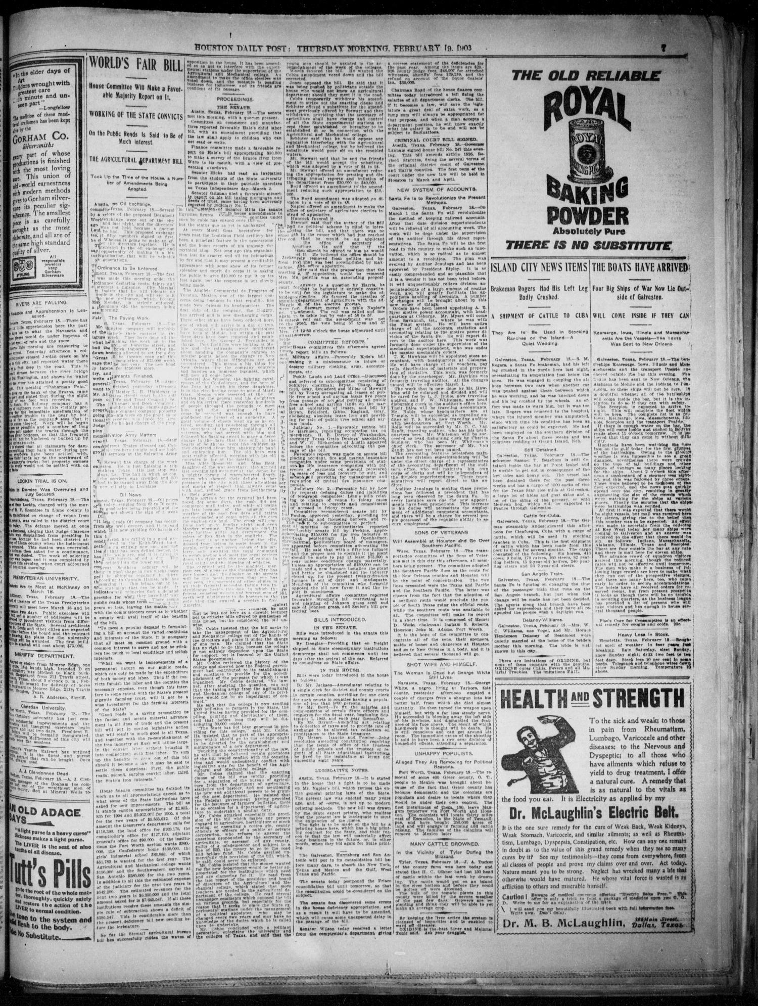 The Houston Daily Post (Houston, Tex.), Vol. XVIIITH YEAR, No. 321, Ed. 1, Thursday, February 19, 1903
                                                
                                                    [Sequence #]: 5 of 10
                                                