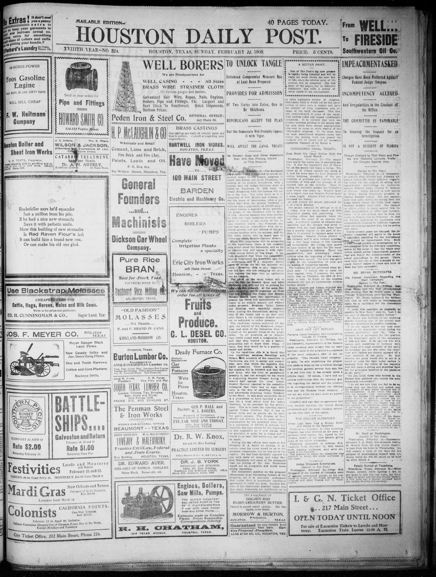 The Houston Daily Post (Houston, Tex.), Vol. XVIIITH YEAR, No. 324, Ed. 1, Sunday, February 22, 1903
                                                
                                                    [Sequence #]: 1 of 34
                                                
