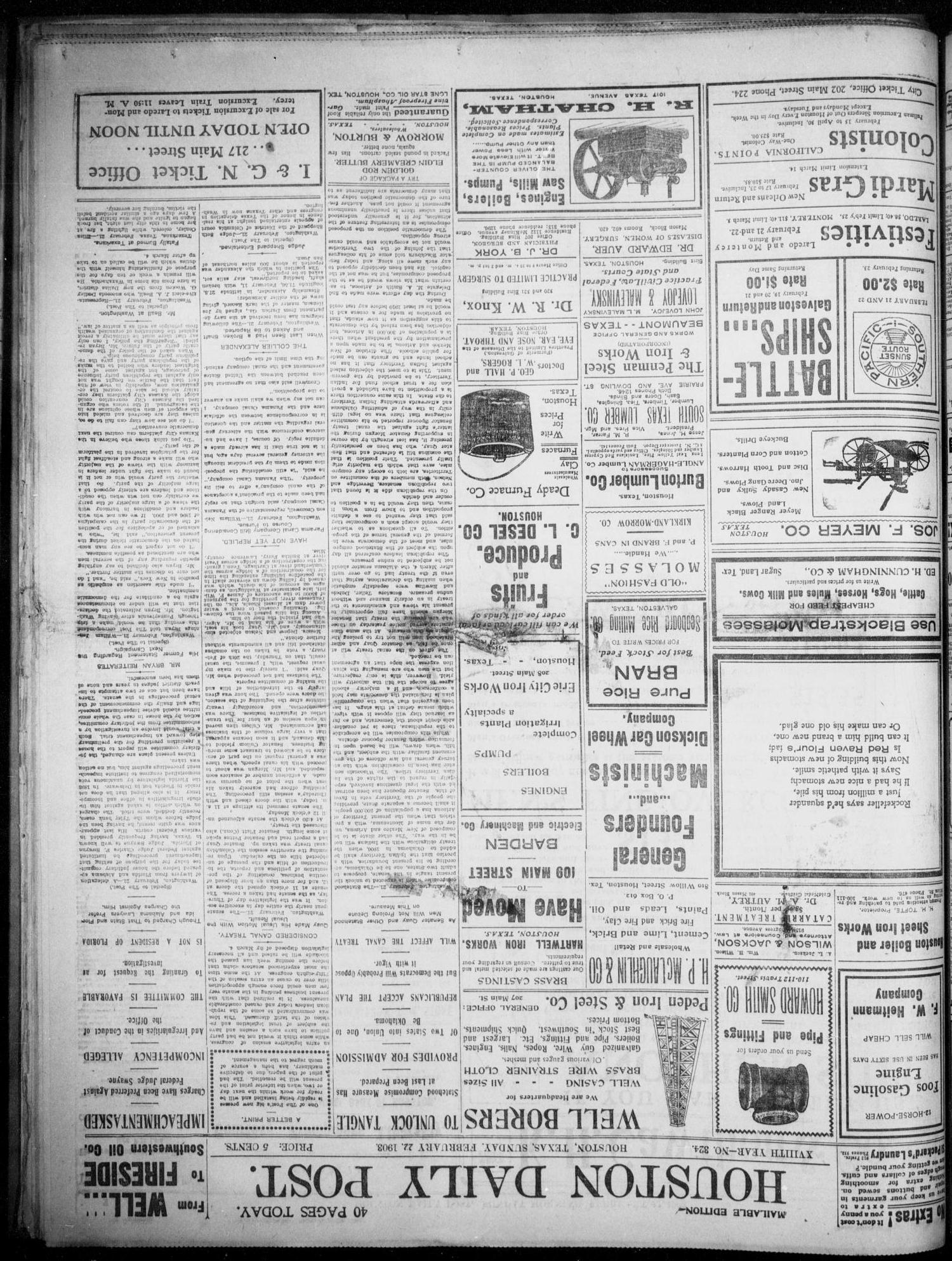 The Houston Daily Post (Houston, Tex.), Vol. XVIIITH YEAR, No. 324, Ed. 1, Sunday, February 22, 1903
                                                
                                                    [Sequence #]: 1 of 34
                                                
