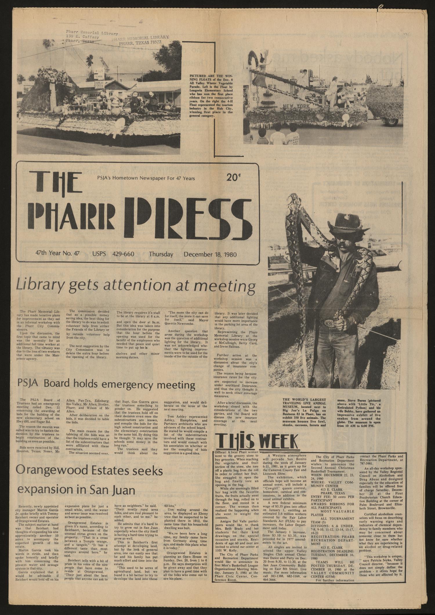 The Pharr Press (Pharr, Tex.), Vol. 47, No. 47, Ed. 1 Thursday, December 18, 1980
                                                
                                                    [Sequence #]: 1 of 16
                                                